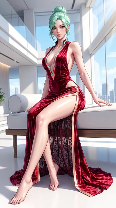 score_9, masterpiece, best quality, ultra-detailed, high-budget anime keyframe, semi-realistic 3D game render, editorial fashion photography, tasteful artistic composition, Japanese woman. low angle full-body shot from head to toe showing her feet, f