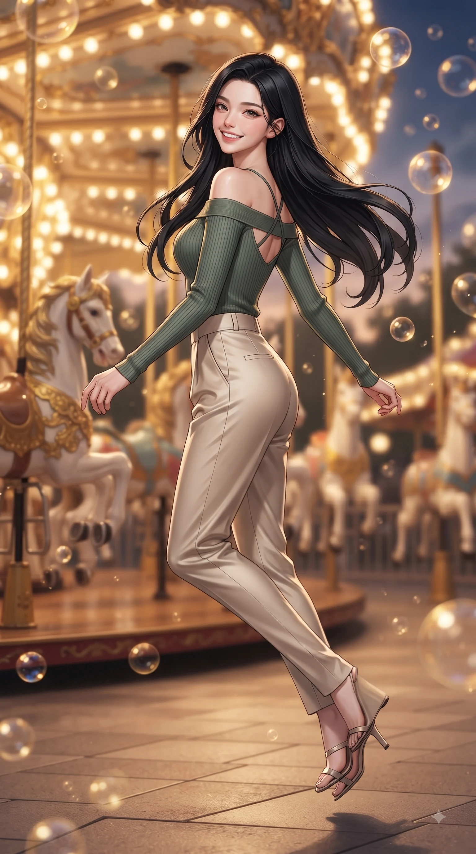score_9, masterpiece, best quality, ultra-detailed, high-budget anime keyframe, editorial fashion photography, tasteful artistic composition, Korean woman. low angle full-body shot from head to toe showing her feet, filling the entire 9:16 vertical frame with her statuesque presence, stretching her vertical silhouette. performing a cheerful mid-air rotation with flawless poise, her radiant smile capturing pure happy energy while stepping happily down a lit amusement park avenue surrounded by glowing light bulbs, ornate carved carousel horses with gold-leaf trim reflecting bright amber highlights. She has an absolutely perfect, statuesque 8.5-heads proportion, an exceptionally tall and slender model-like female figure with impossibly long slender legs and an ultra-slim waist. sharp v-shaped jawline, high-bridge nose, intricate jewel-like eyes with depth, thick eyelashes, glossy lips with a natural sheen, flawlessly proportioned anatomical accuracy, natural body alignment, perfectly sculpted elegant limbs, clean dynamic posture without body distortion. wearing a sleek off-shoulder ribbed knit top paired with high-waist tailored pants in sage green and oatmeal, crafted from lustrous satin jersey with fluid draping, complemented by criss-cross back straps highlighting her bare shoulders, the glove-like fit emphasizing her statuesque silhouette during motion. illuminated by cheerful festive backlighting with soft golden bokeh bubbles. ultra-reflective glossy finish, specular highlights, metallic sheen, high-contrast stereoscopic depth, volumetric dynamic lighting, 2k, ultra detail, master piece, 9:16 ratio