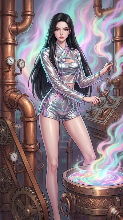 score_9, masterpiece, best quality, ultra-detailed, high-budget anime keyframe, Caucasian woman, strictly human ears. upper body close-up from the thighs up, character filling the screen for maximum presence. operating a steampunk aurora foundry surr