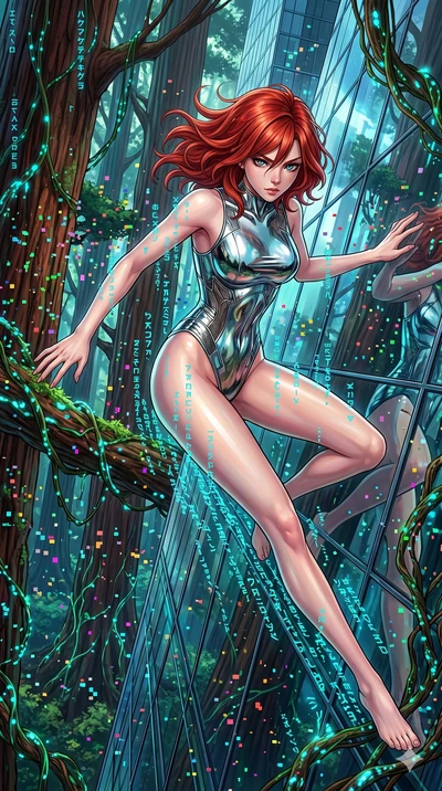 score_9, masterpiece, best quality, ultra-detailed, Set A: High-budget Anime Keyframe, Japanese woman. Upper body close-up from the thighs up, character filling the screen for maximum presence. Theme: Primal Nature. sliding down a glass skyscraper in