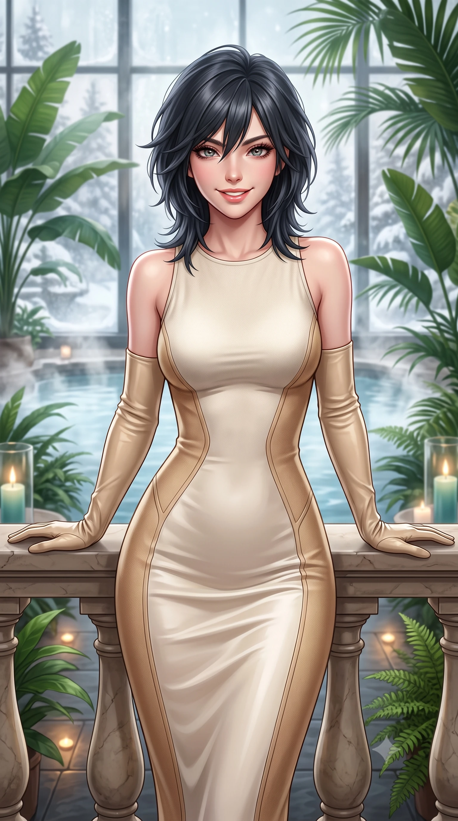 score_9, masterpiece, best quality, ultra-detailed, high-budget anime keyframe, semi-realistic 3D game render, editorial fashion photography, tasteful artistic composition, Caucasian woman. close-up cowboy shot from the waist and thighs up, the character dominates the composition, filling the frame with her large presence. resting both elbows on the balustrade while leaning forward gracefully, her smile sparkling with youthful cute charm and seductive allure while standing poised on the warm slate floor of the indoor winter garden pavilion surrounded by lush tropical palms, smiling with serene relaxation. The background shows a soft-focus steaming outdoor snow pools seen through glass, lush indoor banana palms and ferns, and soft candlelight blurred into jade, azure, and vaporous white bokeh. She has an exceptionally elegant, slender, and willowy female figure with an ultra-slim waist, flat toned midriff, narrow ribcage, and sculpted feminine hips creating an alluring, slim hourglass silhouette without bulk. sharp v-shaped jawline, high-bridge nose, intricate jewel-like sparkling eyes with depth, thick eyelashes, glossy parted lips with a natural peach sheen, bright cheerful beaming smile with an enchanting and coquettish sensual glint, exuding both youthful cute charm and seductive allure, flawlessly proportioned anatomical accuracy, strict slender model proportions, natural body alignment, perfectly sculpted long slender limbs, ultra-slim waistline, clean dynamic posture without body distortion. wearing a sculpted double-faced wool knit dress with sleek architectural seam lines accentuating her flat midriff and feminine hips in soft champagne ivory and warm biscuit beige, woven from fluid liquid silk jersey that clings smoothly to her narrow waist and rounded hips with a dewy sheen, complemented by buttery leather opera gloves tracing her slender arms with sleek polish, the form-contouring silhouette accentuating her sculpted flat midriff, narrow delicate ribcage, and gracefully curvy hips with intoxicating allure. bathed in calm diffused winter daylight filtering through steamy glass panes combined with warm 2800K recessed floor lights. highly saturated vibrant anime colors, detailed shading with soft gradients, rich glossy textures, high-contrast stereoscopic depth, volumetric dynamic lighting, master piece, 9:16 ratio
