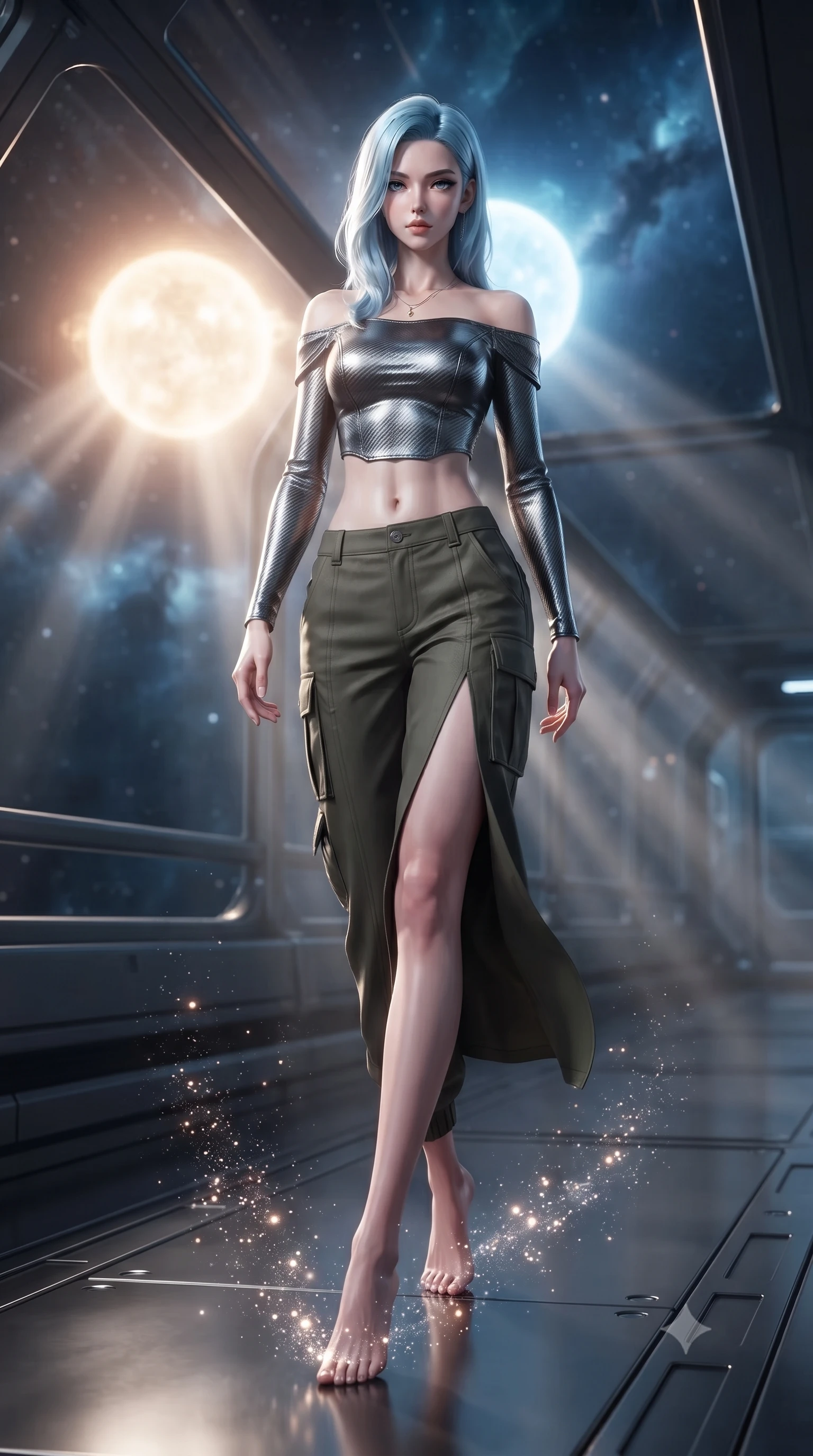 score_9, masterpiece, best quality, ultra-detailed, high-budget anime keyframe, editorial fashion photography, tasteful artistic composition, Korean woman. low angle full-body shot from head to toe showing her feet, filling the entire 9:16 vertical frame with her statuesque presence, stretching her vertical silhouette. stepping gracefully through floating stardust particles, her body-contouring suit showing her athletic, slender silhouette, the background shows a soft-focus a train observation deck with glass panels showing a binary sun system. She has an absolutely perfect, statuesque 8.5-heads proportion, an exceptionally tall and slender model-like female figure with impossibly long slender legs and an ultra-slim waist. sharp v-shaped jawline, high-bridge nose, intricate jewel-like eyes with depth, thick eyelashes, glossy lips with a natural sheen. wearing a slim-fit off-shoulder carbon-fiber armor top paired with high-slit tactical cargo pants, showing her delicately sculpted midriff. volumetric sunbeams slicing through glass panels, creating dramatic light rays. ultra-reflective glossy finish, specular highlights, metallic sheen, high-contrast stereoscopic depth, volumetric dynamic lighting, 2k, ultra detail, master piece, 9:16 ratio