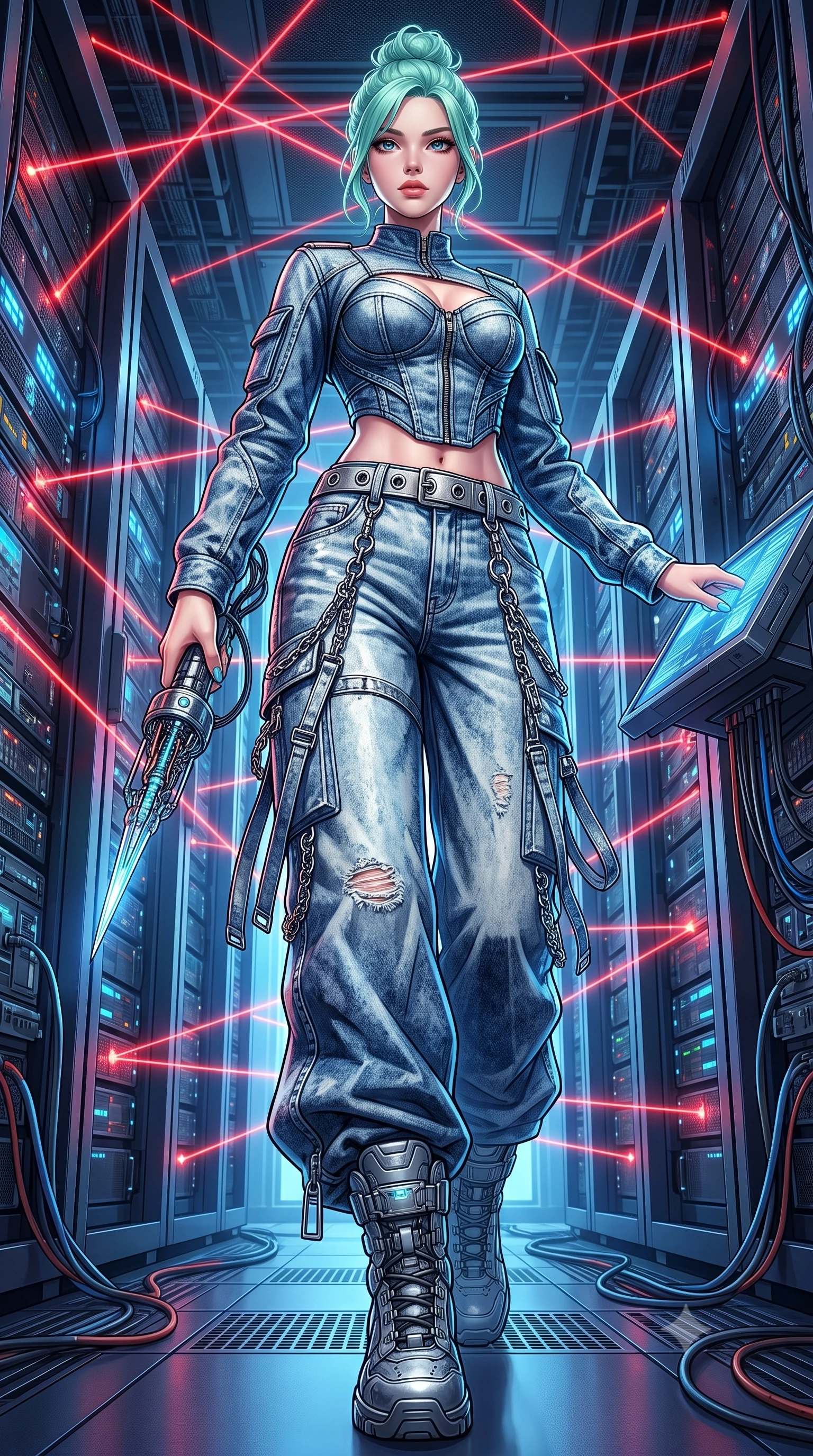 score_9, masterpiece, best quality, ultra-detailed, high-budget anime keyframe, semi-realistic 3D game render, editorial fashion photography, tasteful artistic composition, Japanese woman. low angle full-body shot from head to toe showing her feet, filling the entire 9:16 vertical frame with her statuesque presence, stretching her vertical silhouette. striding forward in a proud, dynamic supermodel runway stride, her statuesque vertical silhouette commanding the entire frame while holding a high-tech data-extraction spike near a master console terminal with supreme operative confidence. The surrounding environment is rendered in vivid detail and crisp panoramic clarity. detailed tactical bodysuit seams, electronic keycard bypass devices, and data cables in high resolution. She has an absolutely perfect, statuesque 8.5-heads proportion, an exceptionally tall and slender model-like female figure with impossibly long slender legs, a toned flat midriff, and an ultra-slim waist. sharp v-shaped jawline, high-bridge nose, intricate jewel-like eyes with depth, thick eyelashes, glossy lips with a natural sheen, captivating and magnetic expression, flawlessly proportioned anatomical accuracy, strict slender model proportions, natural body alignment, perfectly sculpted long slender limbs, ultra-slim waistline, clean dynamic posture without body distortion. wearing a deconstructed denim corseted crop jacket paired with high-waisted wide-leg utility jeans and a silver grommet belt in acid-wash light denim and dark chrome, tailored from distressed structured cotton denim with metallic thread, accented with hanging industrial clip straps and chrome chain links edition #31, the glove-like aerodynamic second-skin fit tightly clinging to her ultra-slender waist and athletic curves without adding bulk, accentuating her razor-sharp statuesque lines and slim hourglass silhouette. bathed in dramatic intersecting red laser beam illumination and cool blue server indicator glow. highly saturated vibrant anime colors, detailed shading with soft gradients, rich glossy textures, high-contrast stereoscopic depth, volumetric dynamic lighting, master piece, 9:16 ratio