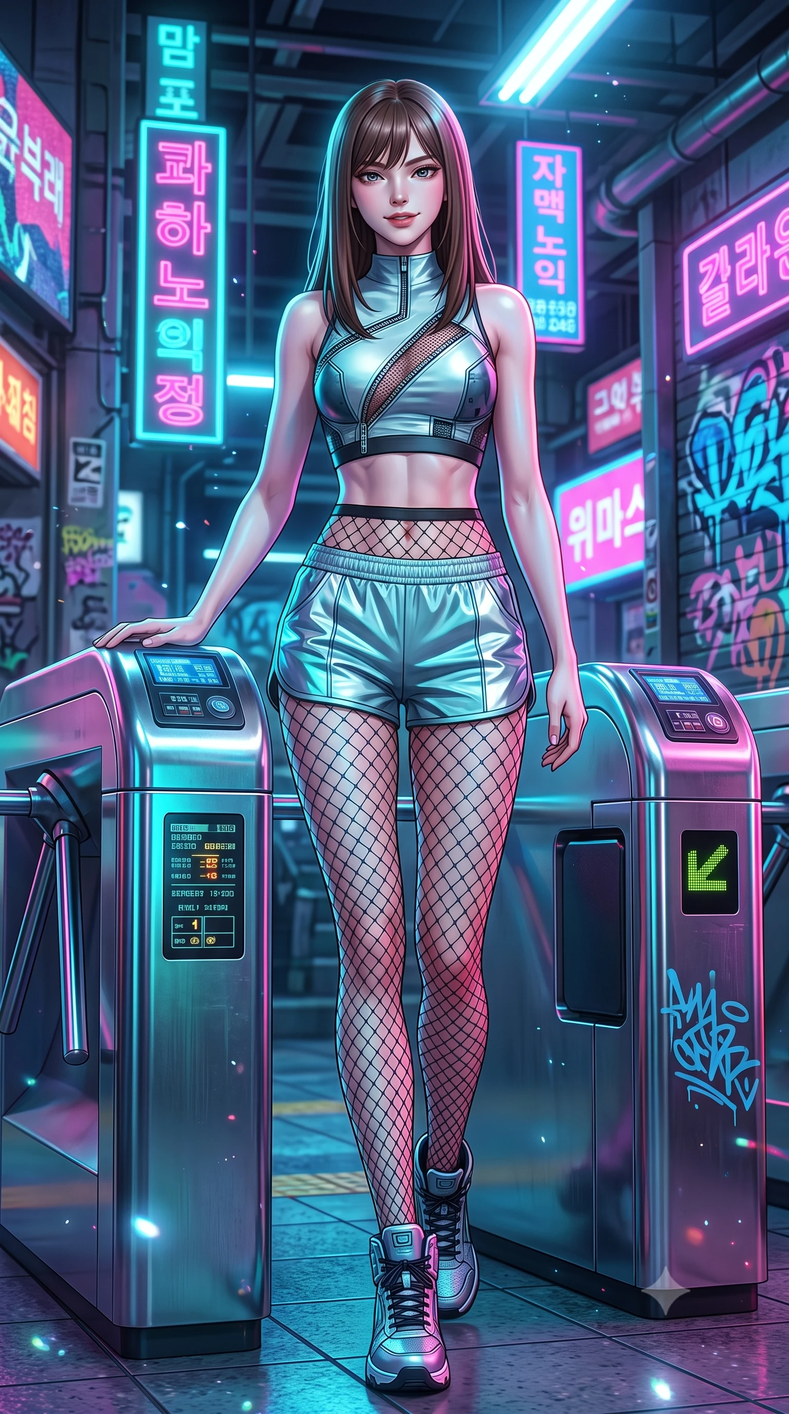 score_9, masterpiece, best quality, ultra-detailed, high-budget anime keyframe, semi-realistic 3D game render, editorial fashion photography, tasteful artistic composition, Korean woman. low angle full-body shot from head to toe showing her feet, filling the entire 9:16 vertical frame with her statuesque presence, stretching her vertical silhouette. stepping forward gracefully in mid-motion, displaying her toned flat midriff and flawlessly sculpted slender limbs while leaning against a retro-futuristic metallic subway turnstile with a fierce, rebellious streetwear smirk. The surrounding environment is rendered in vivid detail and crisp panoramic clarity. high-contrast cyberpunk street chiaroscuro and raw urban subway aesthetics rendered with precision. She has an absolutely perfect, statuesque 8.5-heads proportion, an exceptionally tall and slender model-like female figure with impossibly long slender legs, a toned flat midriff, and an ultra-slim waist. sharp v-shaped jawline, high-bridge nose, intricate jewel-like eyes with depth, thick eyelashes, glossy lips with a natural sheen, captivating and magnetic expression, flawlessly proportioned anatomical accuracy, strict slender model proportions, natural body alignment, perfectly sculpted long slender limbs, ultra-slim waistline, clean dynamic posture without body distortion. wearing a fitted mock-neck cybernetic crop top paired with reflective panel track shorts and fishnet tights in holographic silver and electric cyan, made of stretchy ribbed athletic knit with sheer mesh cutout inserts, accented with metallic zipper teeth running along the diagonal cutouts, the precision-cut daring openings accentuating her delicate midriff, graceful bare collarbones, and ultra-slim feminine waistline. surrounded by an edgy, electrifying, and irresistibly cool cyber-street idol aura. highly saturated vibrant anime colors, detailed shading with soft gradients, rich glossy textures, high-contrast stereoscopic depth, volumetric dynamic lighting, master piece, 9:16 ratio