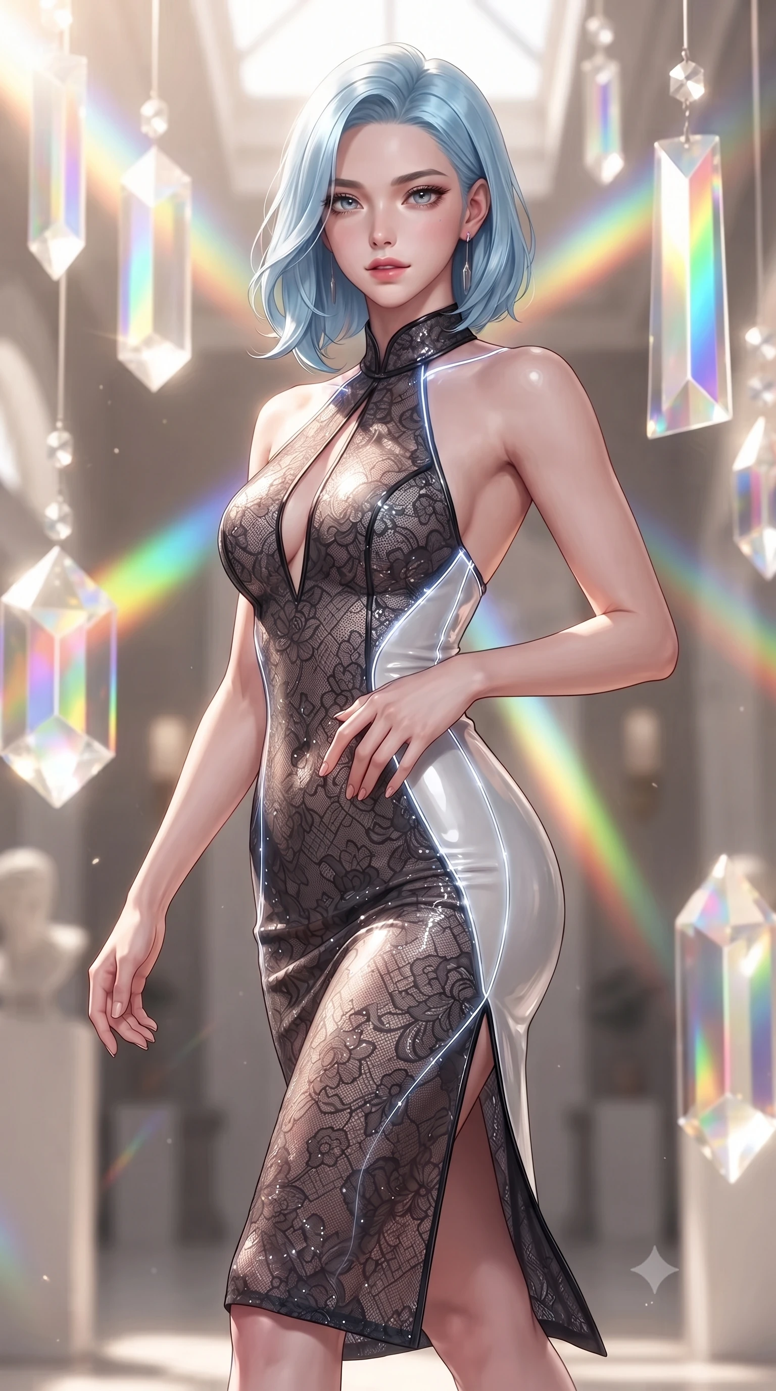 score_9, masterpiece, best quality, ultra-detailed, high-budget anime keyframe, editorial fashion photography, tasteful artistic composition, Korean woman. close-up cowboy shot from the waist and thighs up, the character dominates the composition, filling the frame with her large presence. twisting her upper body in a dynamic S-curve with an alluring smolder, one hand trailing along her slender waist while striding commanding through a sun-drenched art hall where giant crystal prisms project vivid rainbow beams. The composition keeps background elements in soft focus with creamy bokeh. bright multi-colored light refractions creating a glowing, spectrum-lit backdrop. She has an exceptionally elegant, slender, and willowy female figure with an ultra-slim waist, a gracefully sculpted slender torso, toned flat midriff, and a refined slim silhouette. sharp v-shaped jawline, high-bridge nose, intricate jewel-like eyes with depth, thick eyelashes, glossy lips with a natural sheen, flawlessly proportioned anatomical accuracy, strict slender model proportions, natural body alignment, perfectly sculpted long slender limbs, ultra-slim waistline, clean dynamic posture without body distortion. wearing a velvet halter-neck midi dress fitting her statuesque contour flawlessly with a Tasteful chest slit and open spine in high-gloss monochrome white and sharp black contrast, crafted from delicate dark lace interwoven with luminescent micro-fibers, accented with glowing fiber-optic seams tracing her collarbones and hip curves, the sleek second-skin cut tightly hugging her graceful clavicle, narrow waist, and feminine curves with athletic precision. bathed in brilliant natural white daylight intersected by vivid saturated rainbow prism beams. ultra-reflective glossy finish, specular highlights, metallic sheen, high-contrast stereoscopic depth, volumetric dynamic lighting, 2k, ultra detail, master piece, 9:16 ratio