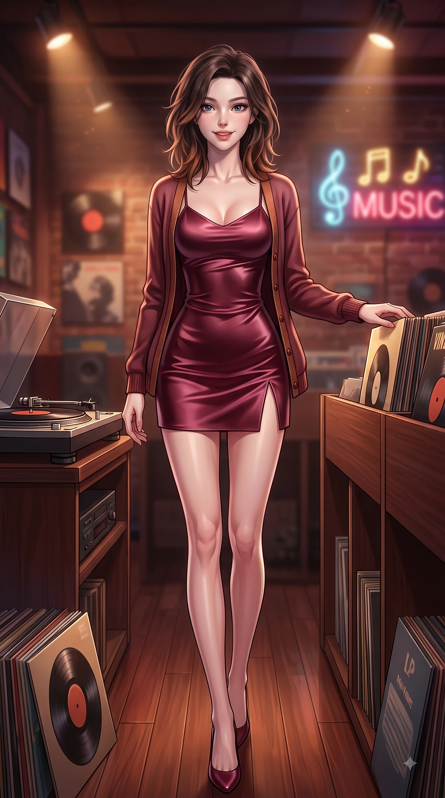 score_9, masterpiece, best quality, ultra-detailed, high-budget anime keyframe, editorial fashion photography, tasteful artistic composition, Korean woman. low angle full-body shot from head to toe showing her feet, filling the entire 9:16 vertical frame with her statuesque presence, stretching her vertical silhouette. stepping forward gracefully in mid-motion with a delighted cute expression, displaying her statuesque model proportions while browsing vintage vinyl record albums in a cozy Hongdae LP bar with a sweet playful smile. The composition keeps background elements in soft focus with dreamy bokeh. turntables and neon music signs softened by gentle warm depth of field. She has an absolutely perfect, statuesque 8.5-heads proportion, an exceptionally tall and slender model-like female figure with impossibly long slender legs and an ultra-slim waist. sharp v-shaped jawline, high-bridge nose, intricate jewel-like eyes with depth, thick eyelashes, glossy lips with a natural sheen, flawlessly proportioned anatomical accuracy, natural body alignment, perfectly sculpted elegant limbs, clean dynamic posture without body distortion. wearing a glossy satin slip dress layered under a soft cashmere cardigan in deep burgundy red and bronze accent, crafted from smooth liquid silk satin, accented with a Tasteful chest slit framing her clavicle gracefully, the tailored fabric tightly following every curve of her athletic build. illuminated by cozy directional spotlights and rich mahogany reflections. highly saturated vibrant anime colors, detailed shading with soft gradients, rich glossy textures, high-contrast stereoscopic depth, volumetric dynamic lighting, master piece, 9:16 ratio