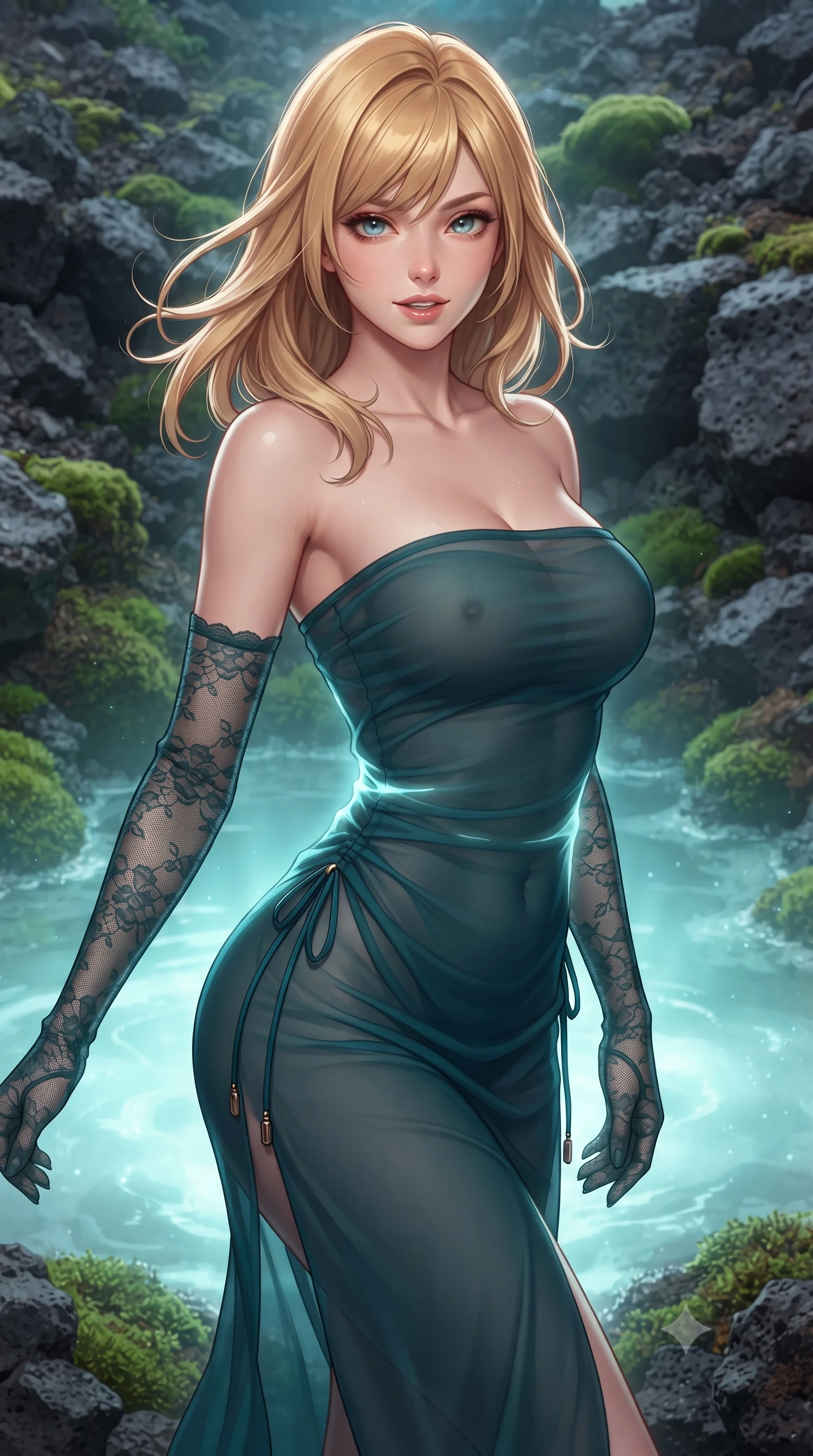 score_9, masterpiece, best quality, ultra-detailed, high-budget anime keyframe, editorial fashion photography, tasteful artistic composition, Caucasian woman. close-up cowboy shot from the waist and thighs up, the character dominates the composition, filling the frame with her large presence. turning slowly with an enchanting smoldering smile, her glossy hair tossing in the breeze as her hips angle gracefully in a captivating contrapposto while twisting her slender torso in an alluring S-curve, glowing underwater volcanic heat lamps tracing her narrow waist, flat midriff, and hips. The surrounding environment is rendered in vivid detail and crisp panoramic clarity: sharp volcanic basalt stone pores, green moss patches, and glistening thermal water meniscus in deep focus. She has an exceptionally elegant, slender, and willowy female figure with an ultra-slim waist, flat toned midriff, narrow ribcage, and sculpted feminine hips creating an alluring, slim hourglass silhouette without bulk. sharp v-shaped jawline, high-bridge nose, sparkling eyes with hypnotic seductive depth, thick curled eyelashes, glossy parted lips with a natural dewy peach sheen, alluring bedroom-eyes with an enchanting coquettish smile, exuding magnetic siren charisma and sophisticated glamour, flawlessly proportioned anatomical accuracy, strict slender model proportions, natural body alignment, perfectly sculpted long slender limbs, ultra-slim waistline, clean dynamic posture without body distortion. wearing a form-contouring ribbed knit tube dress with subtle side-lace ties tracing the curve of her hips in deep peacock teal and burnished antique brass, made of sheer gossamer chiffon that drapes softly against skin with airy translucence, complemented by sheer opera-length lace evening gloves tracing her slender arms, the liquid-tight tailored fabric clinging flawlessly to her narrow waist and rounded feminine hips, emphasizing every millimeter of her sculpted slim hourglass curves without any bulky heaviness. bathed in surreal glowing milky-turquoise light radiating upward from geothermal pool beds. ultra-reflective glossy finish, specular highlights, rich textural contrasts, high-contrast stereoscopic depth, volumetric dynamic lighting, 2k, ultra detail, master piece, 9:16 ratio
