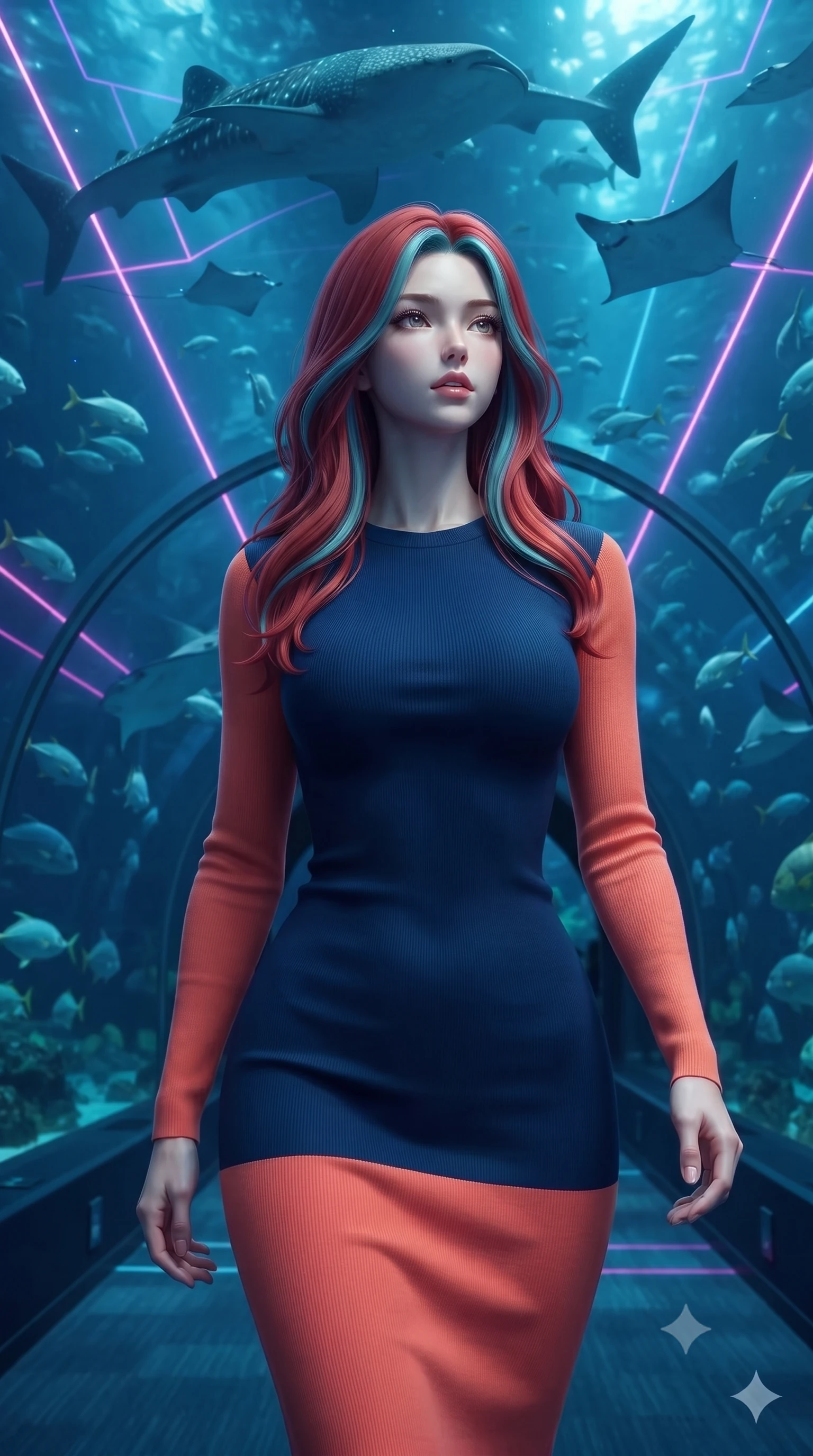 score_9, masterpiece, best quality, ultra-detailed, high-budget anime keyframe, editorial fashion photography, tasteful artistic composition, Caucasian woman, strictly human ears. close-up cowboy shot from the waist and thighs up, the character dominates the composition, filling the frame with her large presence, background elements kept in soft focus. Tilting her chin up slightly with lips parted in a composed expression. set against a soft-focus background of walking through a transparent acrylic tunnel in a massive deep-ocean aquarium with whale sharks manta rays and schools of tropical fish gliding silently overhead and on all sides in dark blue water. She has an exceptionally elegant and slender, willowy female figure with an ultra-slim waist, a gracefully sculpted slender torso, and a refined slim physique. sharp v-shaped jawline, high-bridge nose, intricate jewel-like eyes with depth, thick eyelashes, glossy lips with a natural sheen. wearing a precision-fitted long-sleeve knit midi dress in a vibrant color block of navy and warm coral, contouring her slender torso. laser lines of violet and hot pink reflecting off surfaces casting geometric neon highlights. 2k, ultra detail, master piece, 9:16 ratio