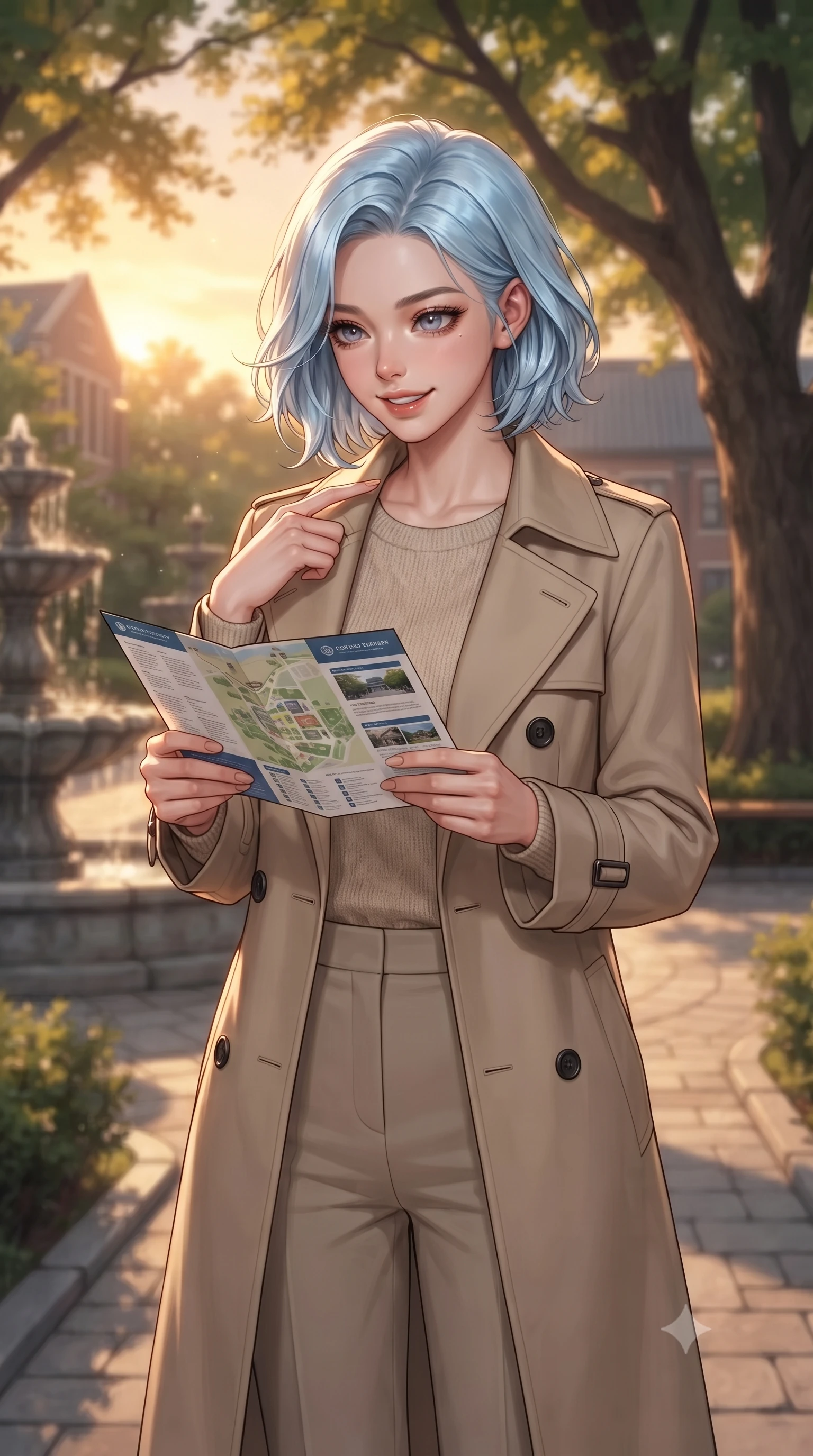 score_9, masterpiece, best quality, ultra-detailed, high-budget anime keyframe, editorial fashion photography, tasteful artistic composition, Korean woman. close-up cowboy shot from the waist and thighs up, the character dominates the composition, filling the frame with her large presence, background elements kept in soft focus. gently tracing her finger along her collarbone with a captivating, confident smile set against a soft-focus background of walking down a leafy pathway of a quiet university garden with stone fountains looking at a campus map brochure with a cheerful, curious look. She has an exceptionally elegant, slender, and willowy female figure with an ultra-slim waist, a gracefully sculpted slender torso, and a refined silhouette. sharp v-shaped jawline, high-bridge nose, intricate jewel-like eyes with depth, thick eyelashes, glossy lips with a natural sheen. wearing tailored smart-casual beige trench coat worn over an oatmeal knit top and straight-leg trousers. golden hour sunset light casting a peaceful, cozy orange wash across the lawns. ultra-reflective glossy finish, specular highlights, metallic sheen, high-contrast stereoscopic depth, volumetric dynamic lighting, 2k, ultra detail, master piece, 9:16 ratio