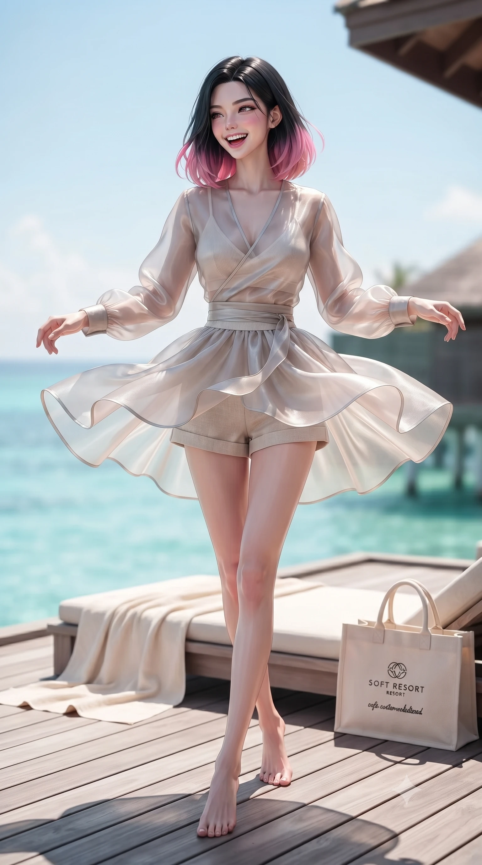score_9, masterpiece, best quality, ultra-detailed, high-budget anime keyframe, editorial fashion photography, tasteful artistic composition, Korean woman. low angle full-body shot from head to toe showing her feet, filling the entire 9:16 vertical frame with her statuesque presence, stretching her vertical silhouette. twirling around with a playful, cute laugh, her skirt billowing beautifully in the air set against a soft-focus background of on a private wooden deck of a luxury resort villa overlooking a turquoise lagoon with a soft linen beach towel and a cute canvas tote bag nearby. She has an absolutely perfect, statuesque 8.5-heads proportion, an exceptionally tall and slender model-like female figure with impossibly long slender legs and an ultra-slim waist. sharp v-shaped jawline, high-bridge nose, intricate jewel-like eyes with depth, thick eyelashes, glossy lips with a natural sheen. wearing form-contouring sheer organza wrap top over a slim-fit knit bralette and low-cut linen shorts. bright midday sun casting crisp, clean shadows on the white stone deck. ultra-reflective glossy finish, specular highlights, metallic sheen, high-contrast stereoscopic depth, volumetric dynamic lighting, 2k, ultra detail, master piece, 9:16 ratio