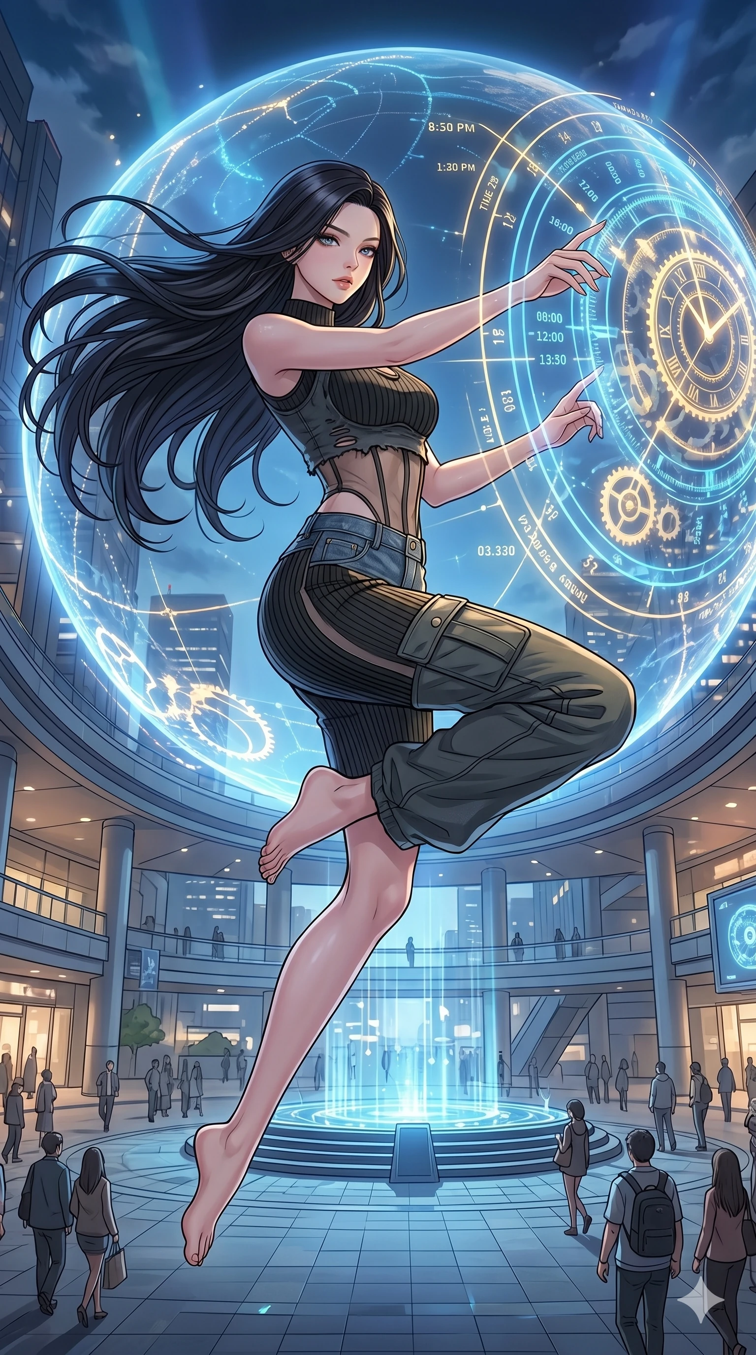 score_9, masterpiece, best quality, ultra-detailed, high-budget anime movie keyframe, cinematic anime lighting, intricate line art, Japanese anime girl. Mid-air action shot capturing a graceful twist and vertical silhouette. interfacing with a giant holographic world clock in a plaza. She has an absolutely perfect 8-heads proportion, an exceptionally tall and slender female figure with an ultra-slim waist and impossibly long slender legs. strictly human anatomy, two legs only, no extra limbs, clearly defined legs and arms, perfect anatomy, perfect hands and fingers. sharp v-shaped jawline, high-bridge nose, intricate jewel-like eyes, thick eyelashes, glossy lips. Wearing Urban Trendsetter: Ribbed bodycon dress, crop top with high-waist denim, and sheer corset with cargo pants. The scene is illuminated by dramatic atmospheric lighting and vibrant color palettes. , 2k, ultra detail, master piece, 9:16 ratio