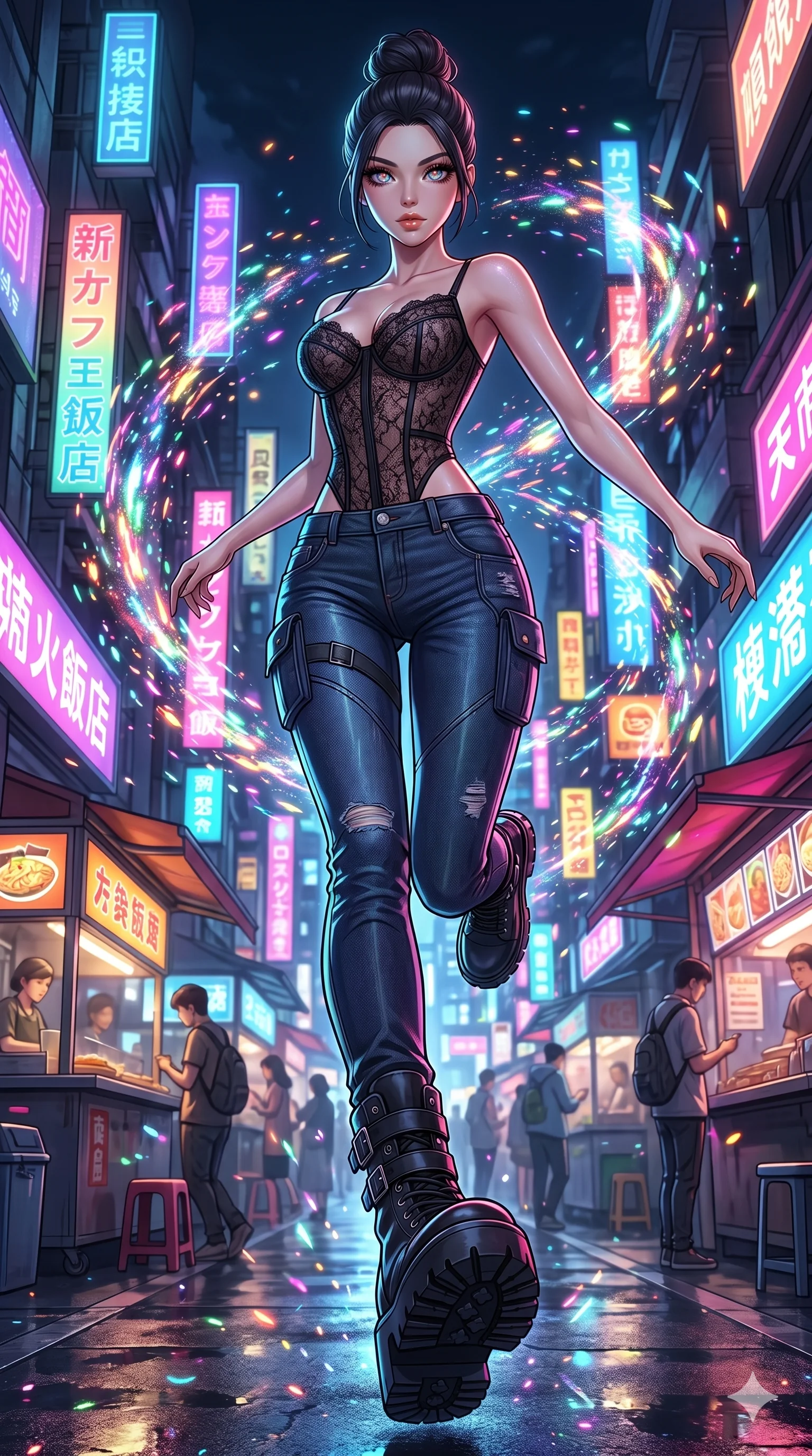 score_9, masterpiece, best quality, ultra-detailed, Set A: High-budget Anime Keyframe, Caucasian (strictly human ears) woman. Low angle cowboy shot filling the entire 9:16 frame with her statuesque presence. Leaping through a futuristic night market, while her eyes glow with 270 different colors and surrounded by glowing energy sparks. She has an absolutely perfect 8-heads proportion, an exceptionally tall and slender female figure with impossibly long slender legs and an ultra-slim waist. Sharp v-shaped jawline, high-bridge nose, intricate jewel-like eyes with depth, thick eyelashes, glossy lips with a natural sheen. Wearing Sheer corset top with high-waist tech-denim and heavy platform combat boots. Cinematic lighting, vibrant colors, dramatic shadows, 2k, ultra detail, master piece, 9:16 ratio