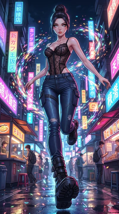 score_9, masterpiece, best quality, ultra-detailed, Set A: High-budget Anime Keyframe, Caucasian (strictly human ears) woman. Low angle cowboy shot filling the entire 9:16 frame with her statuesque presence. Leaping through a futuristic night market,