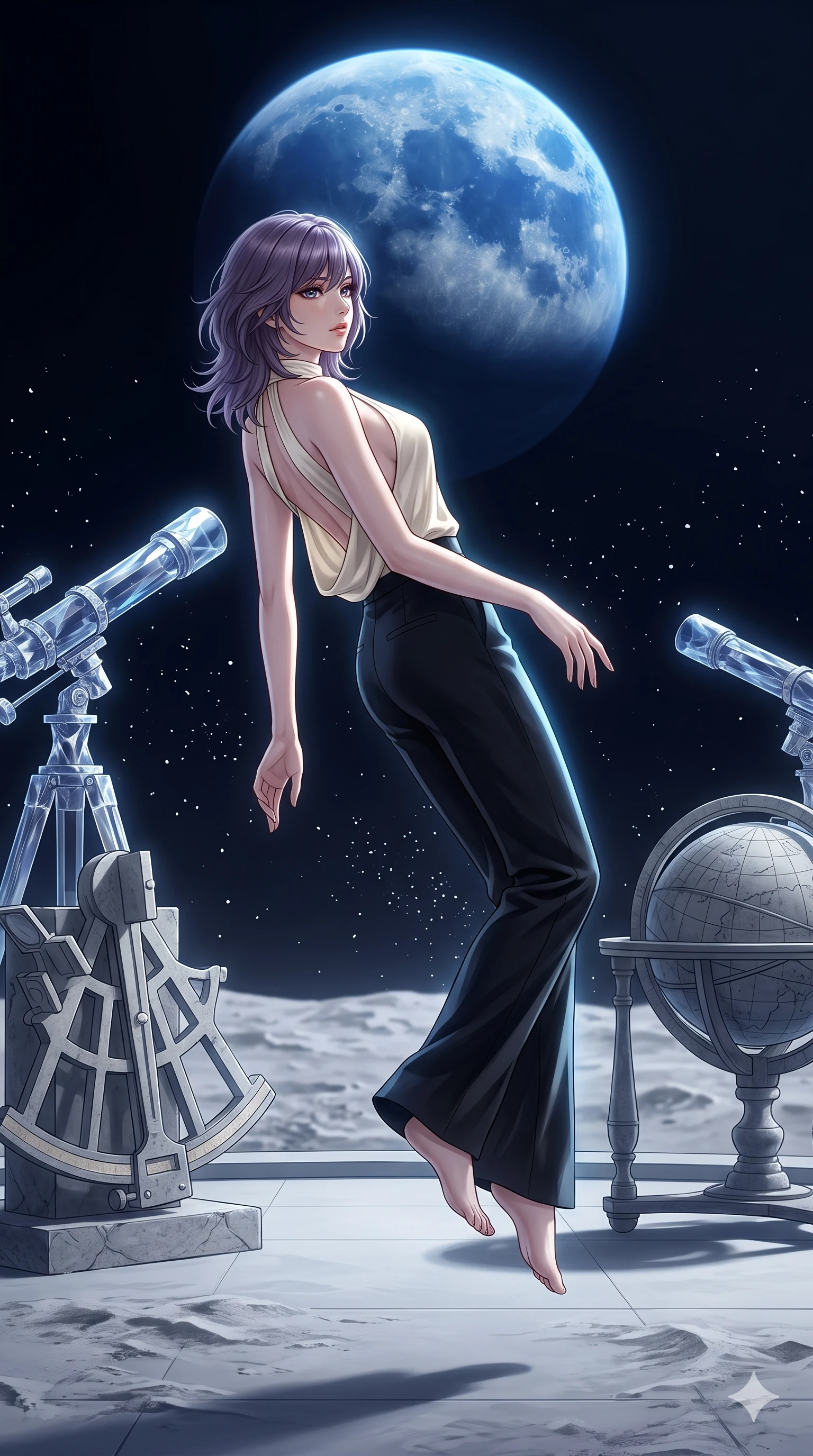 score_9, masterpiece, best quality, ultra-detailed, high-budget anime keyframe, editorial fashion photography, tasteful artistic composition, Japanese woman. low angle full-body shot from head to toe showing her feet, filling the entire 9:16 vertical frame with her statuesque presence, stretching her vertical silhouette. floating with ethereal lightness within an open-air observation terrace on the moon's surface with crystalline telescopes pointing toward the blue Earth hanging in the black sky lunar dust particles floating weightlessly around ancient stone instruments. She has a statuesque 8.5-heads proportion, an exceptionally tall, slender and willowy model-like build with impossibly long legs and a highly sculpted ultra-slim waist. sharp v-shaped jawline, high-bridge nose, intricate jewel-like eyes with depth, thick eyelashes, glossy lips with a natural sheen. wearing an ivory silk halter-neck top with a draped open back, tucked into tailored black wide-leg trousers. soft glowing ambient light with sharp side key light tracing the sleek contours of her figure. 2k, ultra detail, master piece, 9:16 ratio