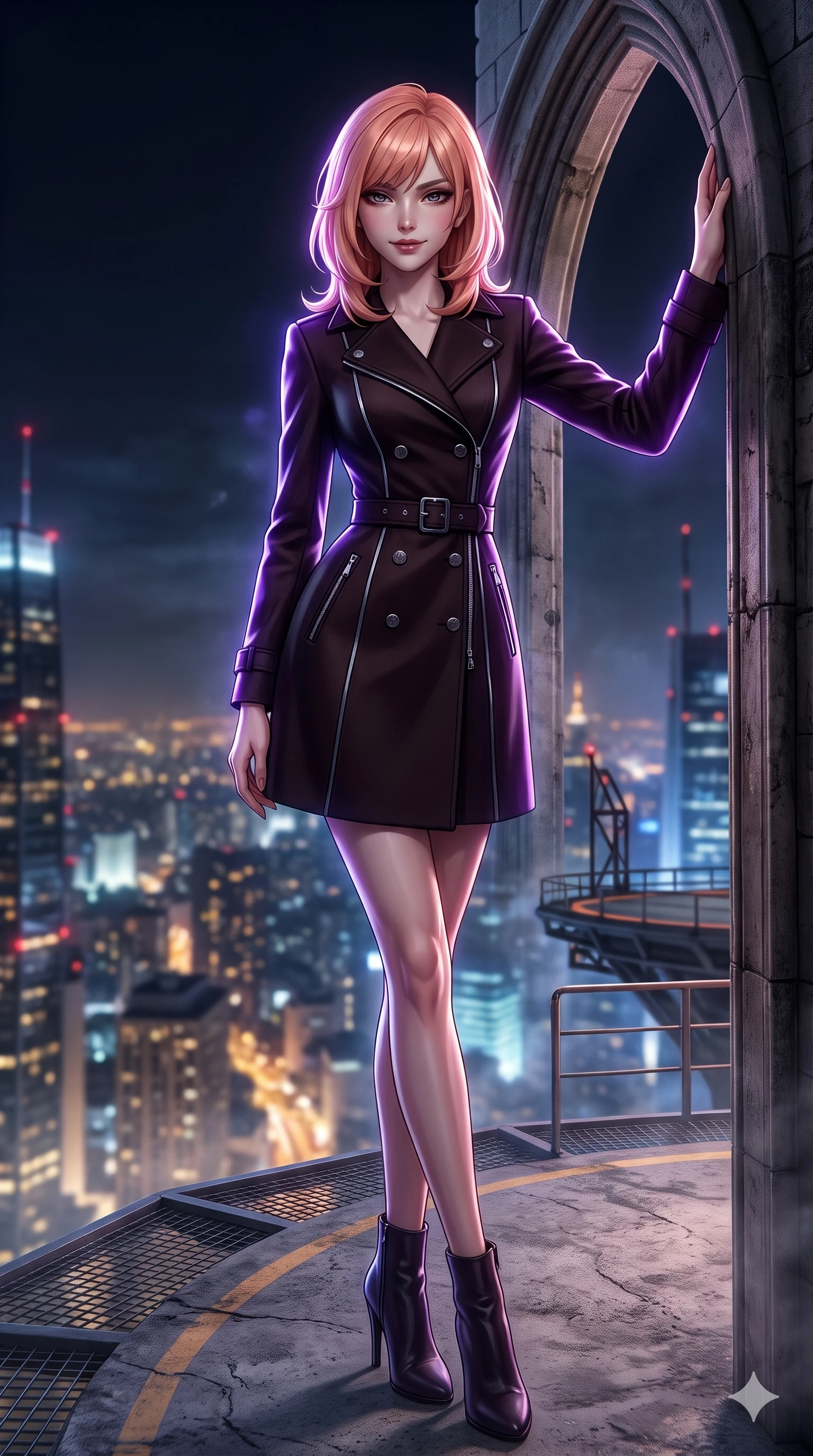 score_9, masterpiece, best quality, ultra-detailed, high-budget anime keyframe, semi-realistic 3D game render, editorial fashion photography, tasteful artistic composition, Japanese woman. low angle full-body shot from head to toe showing her feet, filling the entire 9:16 vertical frame with her statuesque presence, stretching her vertical silhouette. standing tall beside the towering gothic arch, one hand resting high while arching her lower back to emphasize her sculpted feminine curves while standing tall at the outer edge of the summit helipad, arching her lower back to emphasize her hourglass curves against the sprawling midnight metropolis. The background shows a soft-focus summit skyscraper apex softened in high-altitude metropolitan shallow focus. She has an absolutely perfect, statuesque 8.5-heads proportion, an exceptionally tall and slender model-like female figure with impossibly long slender legs, an ultra-slim waist, a flat toned midriff, narrow delicate ribcage, and beautifully sculpted feminine hips creating a graceful, slim hourglass silhouette without any bulky heaviness. sharp v-shaped jawline, high-bridge nose, intricate jewel-like dark sparkling eyes with hypnotic seductive depth, thick curled eyelashes, glossy parted lips with a natural wine sheen, alluring bedroom-eyes with an enigmatic smoldering smile, exuding magnetic sovereign charisma and dark avant-garde glamour, flawlessly proportioned anatomical accuracy, strict slender model proportions, natural body alignment, perfectly sculpted long slender limbs, ultra-slim waistline, clean dynamic posture without body distortion. wearing a structured double-breasted midnight trench coat dress with dark titanium buckle belt in dark mahogany and brushed gunmetal, woven from bespoke high-density barathea wool with refined ceremonial hold, finished with metallic silver boning and sleek zipper points, the bespoke structured tailoring following the natural line of her 8.5-heads silhouette with refined elegance. bathed in rhythmic pulsing violet strobe flashes contrasted with ambient city light glow. highly saturated vibrant anime colors, detailed shading with soft gradients, rich glossy textures, high-contrast stereoscopic depth, volumetric dynamic lighting, master piece, 9:16 ratio