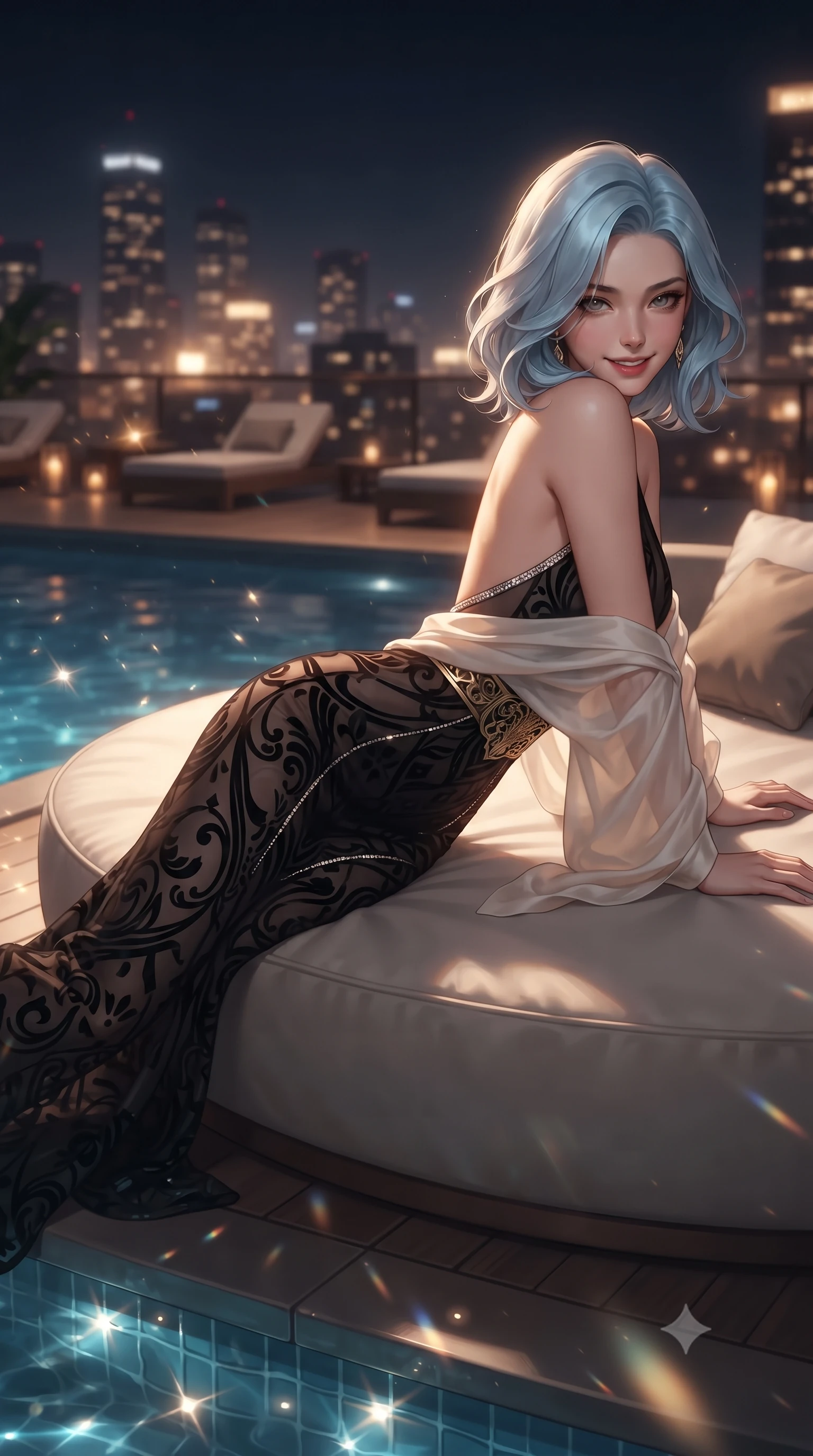 score_9, masterpiece, best quality, ultra-detailed, high-budget anime keyframe, editorial fashion photography, tasteful artistic composition, Korean woman. close-up cowboy shot from the waist and thighs up, the character dominates the composition, filling the frame with her large presence. turning over a bare shoulder with an intoxicating, teasing smile, her soft hair framing her sharp jawline as her hips angle gracefully while stretching languidly across an oversized circular lounge daybed, spine arched as warm midnight city light illuminates her sculpted hip silhouette. The composition keeps background elements in soft focus with creamy bokeh. shimmering pool caustics and city light reflections scattering radiant light motes across the deck. She has an exceptionally elegant, slender, and willowy female figure with an ultra-slim waist, a gracefully sculpted slender torso, toned flat midriff, and rounded feminine hips creating an alluring hourglass silhouette. sharp v-shaped jawline, high-bridge nose, intricate jewel-like eyes with depth, thick eyelashes, glossy parted lips with a natural sheen, intensely captivating and seductive bedroom-eyes expression, flawlessly proportioned anatomical accuracy, strict slender model proportions, natural body alignment, perfectly sculpted long slender limbs, ultra-slim waistline, clean dynamic posture without body distortion. wearing a sleek obsidian column dress with gold filigree hip cincher and plunging backline in high-contrast black velvet and diamond crystal trim, made of sheer contouring mesh with velvet flocking patterns, finished with a gossamer silk shawl draped loosely over her elbows, the precision-cut side openings and low-back scoop framing her graceful spine and the sensual sweep of her hips. surrounded by a cosmopolitan, elite, and intensely magnetic modern royalty aura. ultra-reflective glossy finish, specular highlights, rich textural contrasts, high-contrast stereoscopic depth, volumetric dynamic lighting, 2k, ultra detail, master piece, 9:16 ratio
