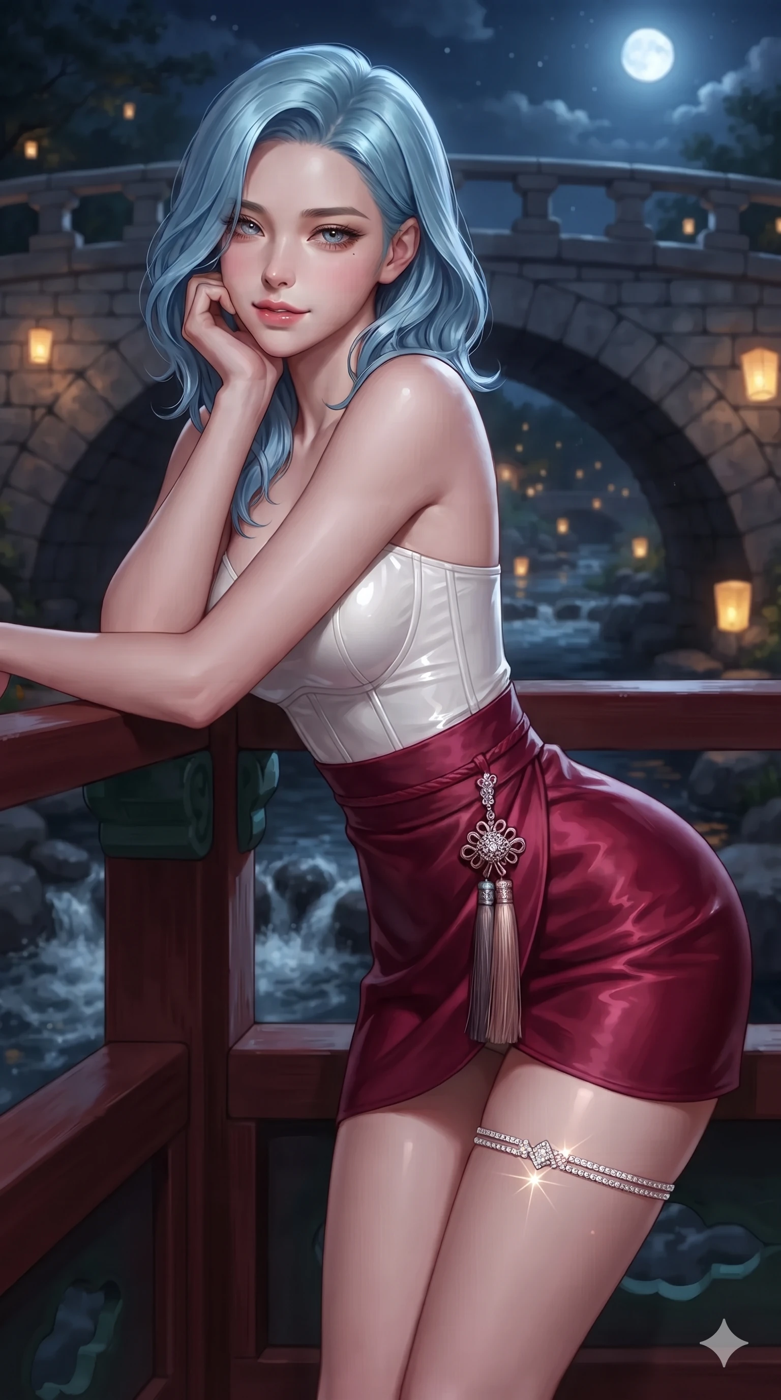 score_9, masterpiece, best quality, ultra-detailed, high-budget anime keyframe, editorial fashion photography, tasteful artistic composition, Korean woman. close-up cowboy shot from the waist and thighs up, the character dominates the composition, filling the frame with her large presence. resting one elbow on the lacquered balustrade and supporting her chin, leaning close to the camera with heavy-lidded sparkling eyes and parted lips while standing poised on the arched granite bridge above the bubbling stream, arching her back with breathless fairy-tale allure. The background shows a soft-focus historic arched stone bridge softened in idyllic nocturnal river shallow focus. She has an exceptionally elegant, slender, and willowy female figure with an ultra-slim waist, flat toned midriff, narrow ribcage, and sculpted feminine hips creating an alluring, slim hourglass silhouette without bulk. sharp v-shaped jawline, high-bridge nose, sparkling eyes with hypnotic seductive depth, thick curled eyelashes, glossy parted lips with a natural dewy peach sheen, alluring bedroom-eyes with an enchanting coquettish smile, exuding magnetic siren charisma and sophisticated glamour, flawlessly proportioned anatomical accuracy, strict slender model proportions, natural body alignment, perfectly sculpted long slender limbs, ultra-slim waistline, clean dynamic posture without body distortion. wearing a modern boned hanbok bustier top with norigae tassel paired with an ultra-short micro-pleated silk wrap mini skirt in pure snow white and vivid cherry blossom crimson, crafted from wet-look high-gloss vinyl fabric with dazzling specular surface reflections, accented with a delicate crystal-encrusted thigh garter strap glinting under the lights, the liquid-tight tailored fabric clinging flawlessly to her narrow waist and rounded feminine hips, emphasizing every millimeter of her sculpted slim hourglass curves without any bulky heaviness. bathed in radiant celestial moonlight combined with floating candle lantern glows from the stream. ultra-reflective glossy finish, specular highlights, rich textural contrasts, high-contrast stereoscopic depth, volumetric dynamic lighting, 2k, ultra detail, master piece, 9:16 ratio