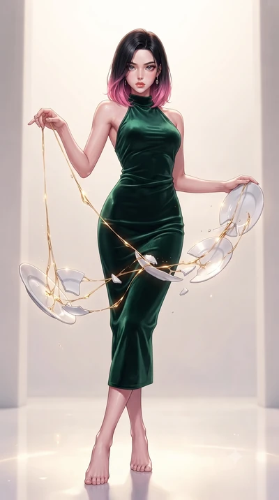 score_9, masterpiece, best quality, ultra-detailed, high-budget anime keyframe, editorial fashion photography, tasteful artistic composition, Korean woman. low angle full-body shot from head to toe showing her feet, filling the entire 9:16 vertical f