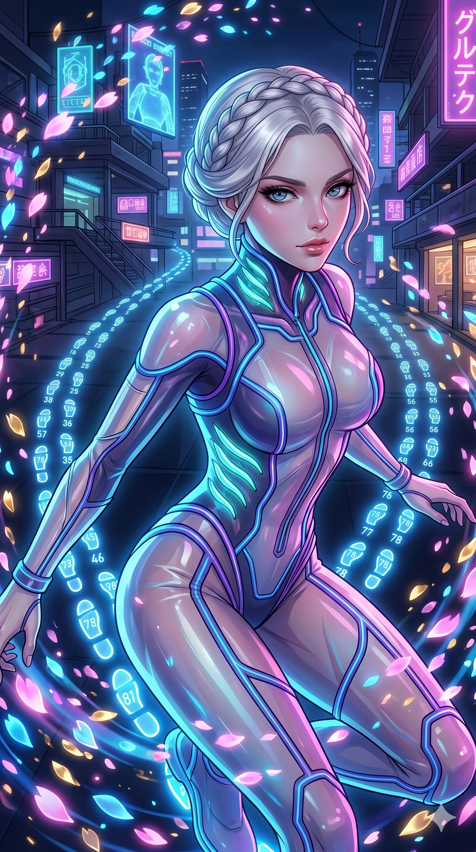 score_9, masterpiece, best quality, ultra-detailed, Set A: High-budget Anime Keyframe, Caucasian (strictly human ears) woman. Upper body close-up from the thighs up, character filling the screen for maximum presence. Sliding through a futuristic night market, as she leaves a trail of 78 glowing footprints and surrounded by digital sakura petals. She has an absolutely perfect 8-heads proportion, an exceptionally tall and slender female figure with impossibly long slender legs and an ultra-slim waist. Sharp v-shaped jawline, high-bridge nose, intricate jewel-like eyes with depth, thick eyelashes, glossy lips with a natural sheen. Wearing Neon-lit scuba suit with transparent panels and bioluminescent glowing gills. Cinematic lighting, vibrant colors, dramatic shadows, 2k, ultra detail, master piece, 9:16 ratio