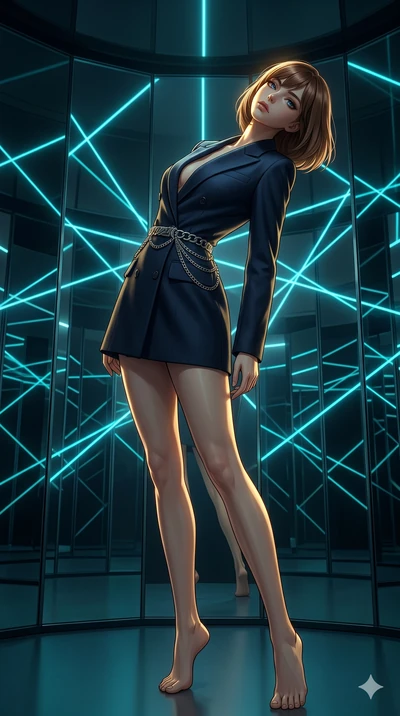score_9, masterpiece, best quality, ultra-detailed, high-budget anime keyframe, editorial fashion photography, tasteful artistic composition, Caucasian woman, strictly human ears. low angle full-body shot from head to toe showing her feet, filling th