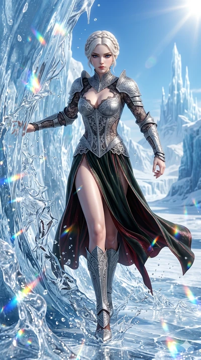 score_9, masterpiece, best quality, ultra-detailed, Set A: Photorealistic 8k CG, Japanese woman. Low angle cowboy shot filling the entire 9:16 frame with her statuesque presence. Breaking through a wall of water that turns into ice sculptures in a fr