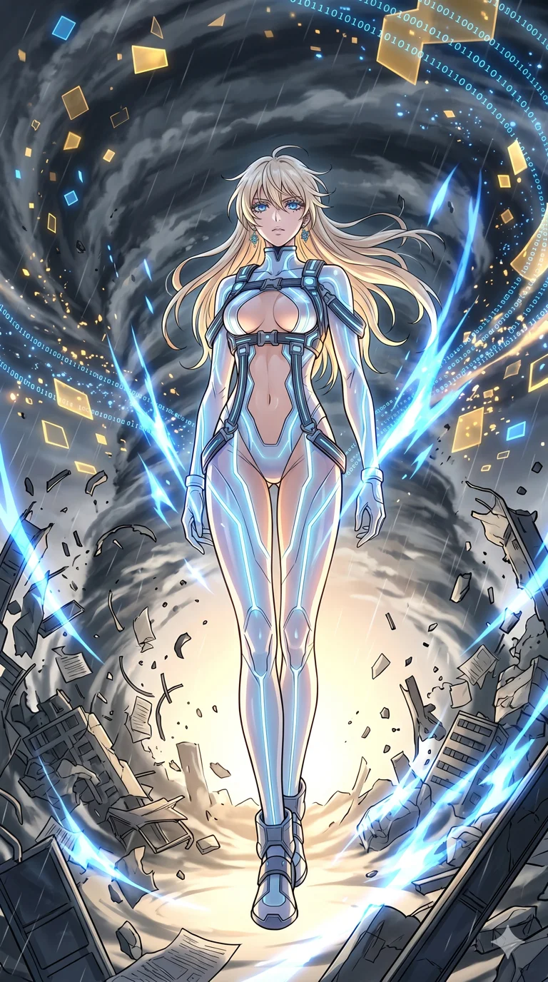 score_9, masterpiece, best quality, ultra-detailed, High-budget Anime Keyframe, vibrant colors, fluid line-art, expressive lighting, cinematic composition, Ufotable-style visual effects, top-tier animation quality, Caucasian woman with pale skin, blonde hair, and (strictly human ears). Dynamic full-body shot stretching the vertical silhouette, capturing her from a powerful low-angle perspective. Standing in the eye of a terrifying hurricane with absolute calm, the debris of a destroyed city circling her in a violent vortex. She has an absolutely perfect 8-heads proportion, an exceptionally tall and slender female figure with impossibly long slender legs and an ultra-slim waist, her statuesque height and towering silhouette dominating the vertical 9:16 frame. Her face is a masterpiece featuring a sharp v-shaped jawline, high-bridge nose, intricate jewel-like eyes with depth, thick eyelashes, and glossy lips with a natural sheen. She is wearing a Futuristic pilot suit with an exposed midriff and a high-cut structural frame crafted from Bioluminescent silk that emits a soft, ethereal glow from within the fabric, with an exposed midriff and a complex harness system that draws the eye. The scene is set in an abstract digital void with floating golden geometric shapes and rivers of flowing code, illuminated by intense energy flares from her powers illuminating the scene with brilliant light. 2k, ultra detail, master piece, 9:16 ratio