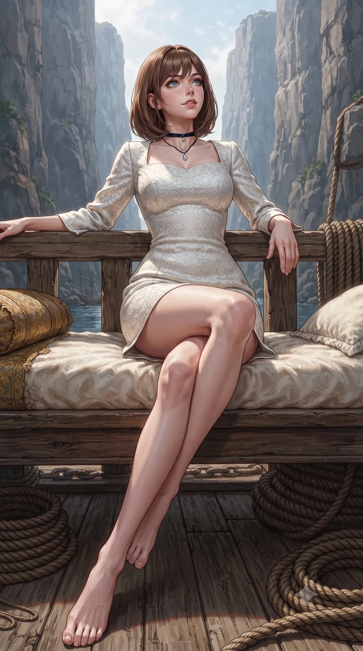 score_9, masterpiece, best quality, ultra-detailed, high-budget anime keyframe, editorial fashion photography, tasteful artistic composition, Caucasian woman. low angle full-body shot from head to toe showing her feet, filling the entire 9:16 vertical frame with her statuesque presence, stretching her vertical silhouette. lounging on the lavish daybed with legs crossed and hips angled toward the camera, displaying her toned midriff and long slender limbs with effortless siren poise while leaning against the rustic timber railing with hips cocked back, looking up at the 800-meter vertical rock walls sheltering the harbor with smoldering bedroom-eyes. The surrounding environment is rendered in vivid detail and crisp panoramic clarity: sharp weathered ironwood deck grain, traditional ochre oil paint cracks, and rustic hemp rope coils in deep focus. She has an exceptionally tall and slender model-like 8.5-heads proportion, an ultra-slim waist, a flat toned midriff, narrow delicate ribcage, and beautifully sculpted feminine hips creating a graceful, slim hourglass silhouette without any bulky heaviness, with impossibly long slender legs. sharp v-shaped jawline, high-bridge nose, intricate jewel-like sparkling eyes with depth, thick eyelashes, glossy parted lips with a natural peach sheen, bright cheerful beaming smile with an enchanting and coquettish sensual glint, exuding both youthful cute charm and seductive allure, flawlessly proportioned anatomical accuracy, strict slender model proportions, natural body alignment, perfectly sculpted long slender limbs, ultra-slim waistline, clean dynamic posture without body distortion. wearing an aristocratic French Normandy jacquard brocade shift dress with bracelet sleeves in pure translucent crystal white and liquid platinum, crafted from bespoke double-faced cashmere with an exceptionally soft tactile finish, finished with a thin velvet ribbon choker and a single teardrop diamond pendant, the bespoke structured tailoring following the natural line of her 8.5-heads silhouette with refined elegance. illuminated by harbor water reflection fill and sharp amber-platinum rim lights defining her razor-sharp jawline, narrow waist, and curvy hips. ultra-reflective glossy finish, specular highlights, rich textural contrasts, high-contrast stereoscopic depth, volumetric dynamic lighting, 2k, ultra detail, master piece, 9:16 ratio