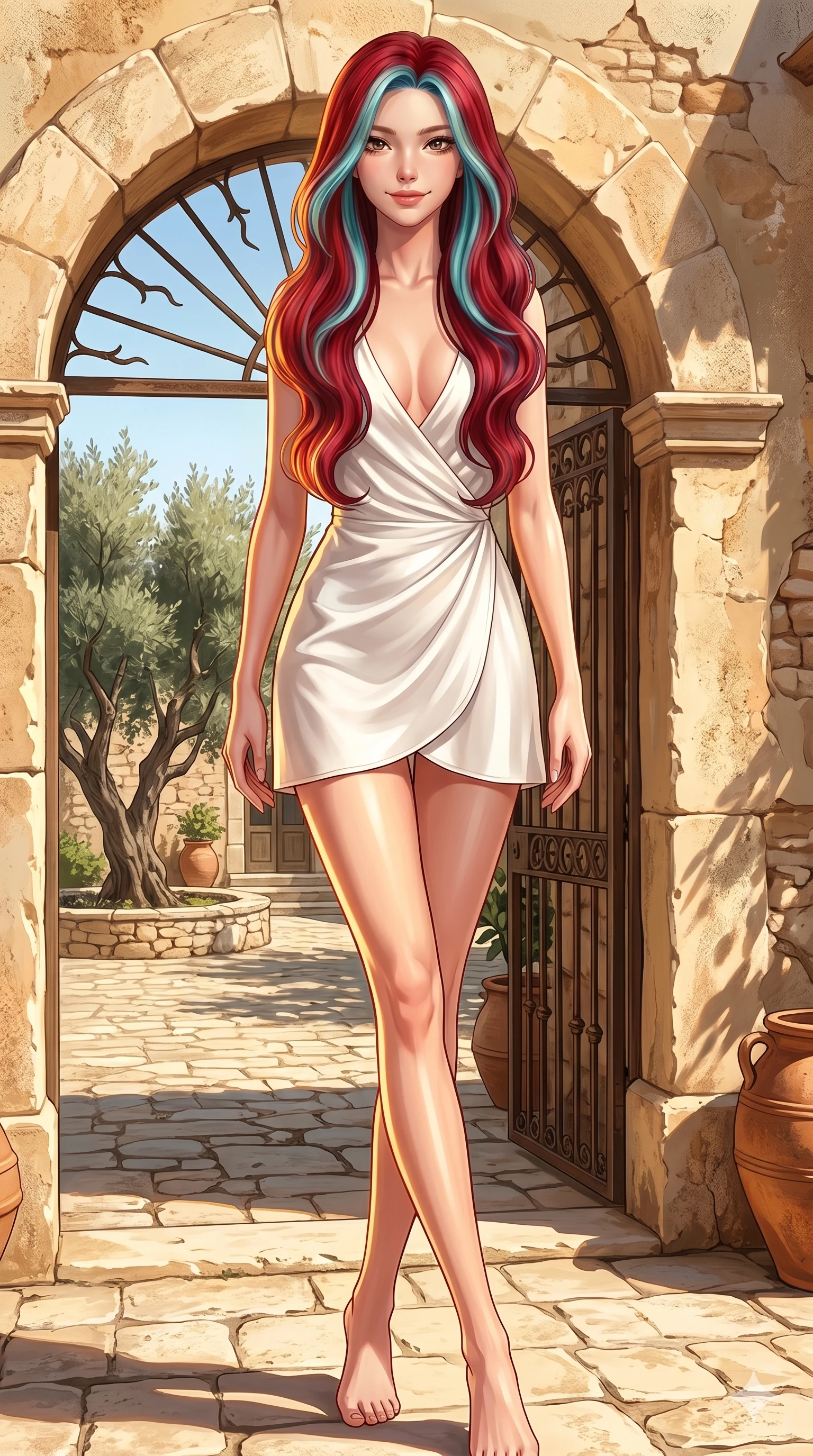score_9, masterpiece, best quality, ultra-detailed, high-budget anime keyframe, editorial fashion photography, tasteful artistic composition, Caucasian woman, strictly human ears. cowboy shot from the thighs up, character and outfit filling the frame for maximum editorial presence. smiling with quiet magnetic self-assurance, her chin slightly raised in a teasing, playful gesture standing near a sun-drenched stone archway of a Mediterranean villa garden. She has an absolutely perfect 8-heads proportion, an exceptionally tall and slender female figure with impossibly long slender legs and an ultra-slim waist. V-shaped jawline, high-bridge nose, intricate jewel-like eyes with depth, thick eyelashes, glossy lips with a natural sheen. wearing a micro-length white silk wrap dress with a plunging neck and a scooped open back to the base of the spine. drenched in bright midday sunbeams, casting sharp warm highlights that outline her slender waist and long legs. 2k, ultra detail, master piece, 9:16 ratio