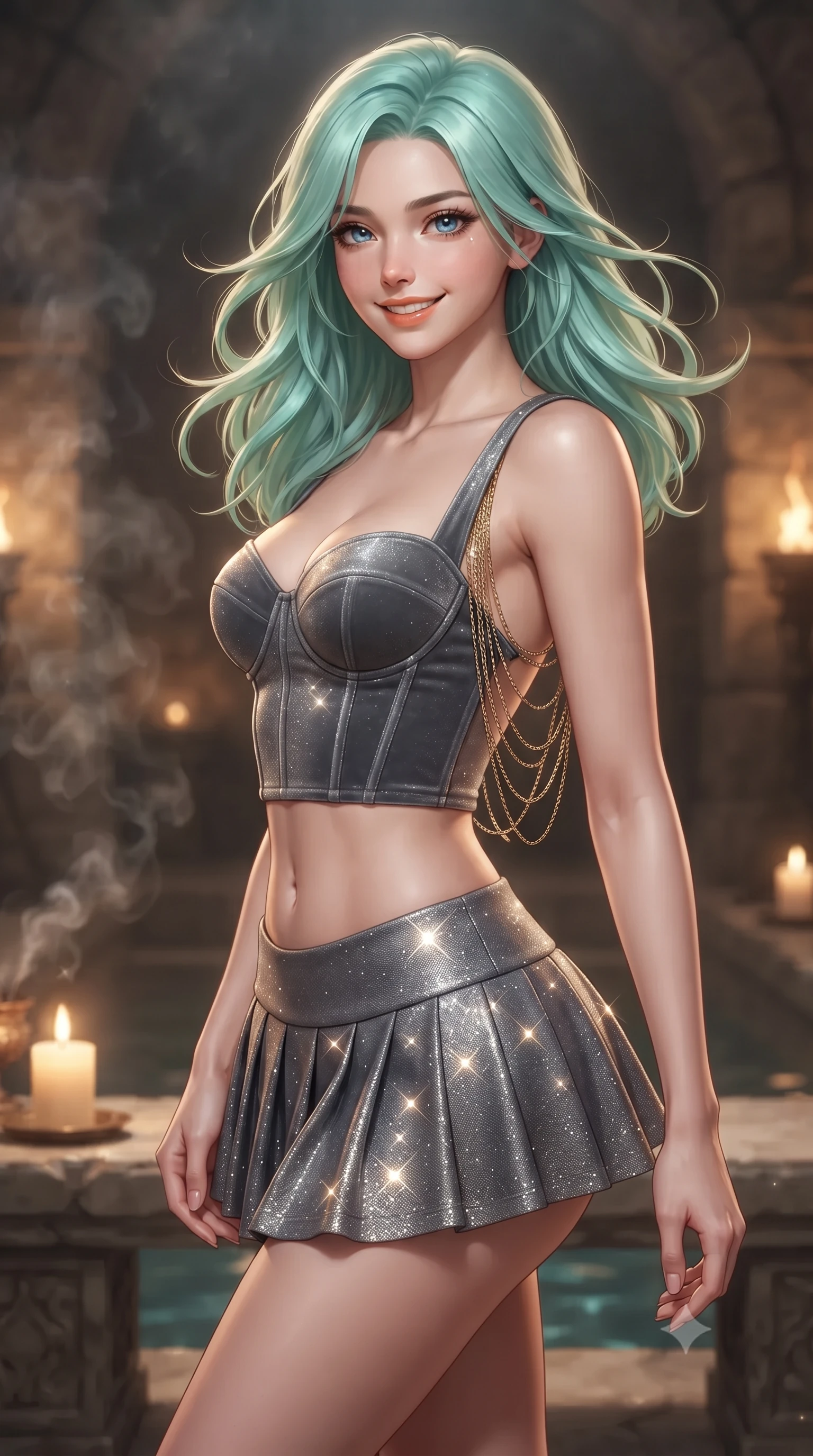 score_9, masterpiece, best quality, ultra-detailed, high-budget anime keyframe, editorial fashion photography, tasteful artistic composition, Japanese woman. close-up cowboy shot from the waist and thighs up, the character dominates the composition, filling the frame with her large presence. turning slowly with an enchanting smoldering smile, her glossy hair tossing in the breeze as her hips angle gracefully in a captivating contrapposto while twisting her slender torso in an alluring contrapposto stance beside the candlelit stone bench, warm amber torchlight tracing her narrow waist and curvy hips. The background shows a soft-focus aromatic copal incense smoke softened in holistic subterranean spa shallow focus. She has an exceptionally elegant, slender, and willowy female figure with an ultra-slim waist, flat toned midriff, narrow ribcage, and sculpted feminine hips creating an alluring, slim hourglass silhouette without bulk. sharp v-shaped jawline, high-bridge nose, intricate jewel-like sparkling eyes with depth, thick eyelashes, glossy parted lips with a natural peach sheen, bright cheerful beaming smile with an enchanting and coquettish sensual glint, exuding both youthful cute charm and seductive allure, flawlessly proportioned anatomical accuracy, strict slender model proportions, natural body alignment, perfectly sculpted long slender limbs, ultra-slim waistline, clean dynamic posture without body distortion. wearing a structured boned velvet bustier top paired with an ultra-short low-rise pleated micro mini skirt in Mont-Saint-Michel granite slate grey and moonlit tide silver, woven from stretch metallic lurex jersey casting radiant starlight glints across her curves, accented with an open-back drape framed by falling strands of delicate gold chains, the second-skin tailored fabric adhering flawlessly to her sculpted flat midriff and slender torso, emphasizing her long leg lines and perfectly proportioned willowy build. illuminated by cave water reflection bounce and sharp honey-gold rim lights defining her razor-sharp jawline, narrow waist, and curvy hips. ultra-reflective glossy finish, specular highlights, rich textural contrasts, high-contrast stereoscopic depth, volumetric dynamic lighting, 2k, ultra detail, master piece, 9:16 ratio