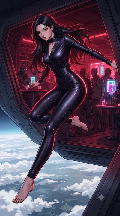 score_9, masterpiece, best quality, ultra-detailed, high-budget anime keyframe, editorial fashion photography, tasteful artistic composition, Korean woman. low angle full-body shot from head to toe showing her feet, filling the entire 9:16 vertical f