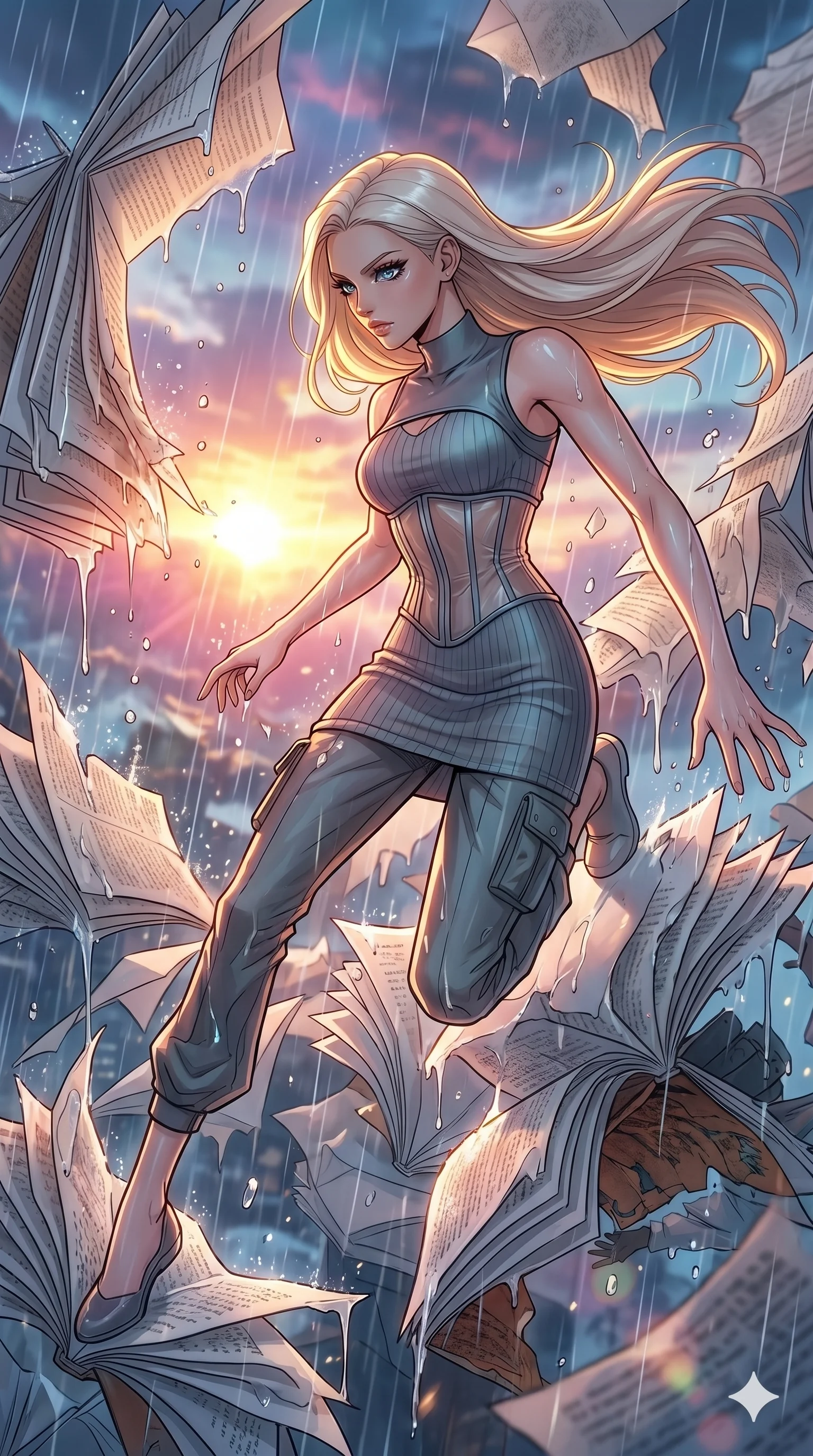score_9, masterpiece, best quality, ultra-detailed, high-budget anime movie keyframe, cinematic anime lighting, intricate line art, Korean anime girl. Mid-air action shot capturing a graceful twist and vertical silhouette. collapsing in a world of folded paper as the rain starts to melt it. She has an absolutely perfect 8-heads proportion, an exceptionally tall and slender female figure with an ultra-slim waist and impossibly long slender legs. strictly human anatomy, two legs only, no extra limbs, clearly defined legs and arms, perfect anatomy, perfect hands and fingers. sharp v-shaped jawline, high-bridge nose, intricate jewel-like eyes, thick eyelashes, glossy lips. Wearing Urban Trendsetter: Ribbed bodycon dress, crop top with high-waist denim, and sheer corset with cargo pants. The scene is illuminated by dramatic atmospheric lighting and vibrant color palettes. , 2k, ultra detail, master piece, 9:16 ratio