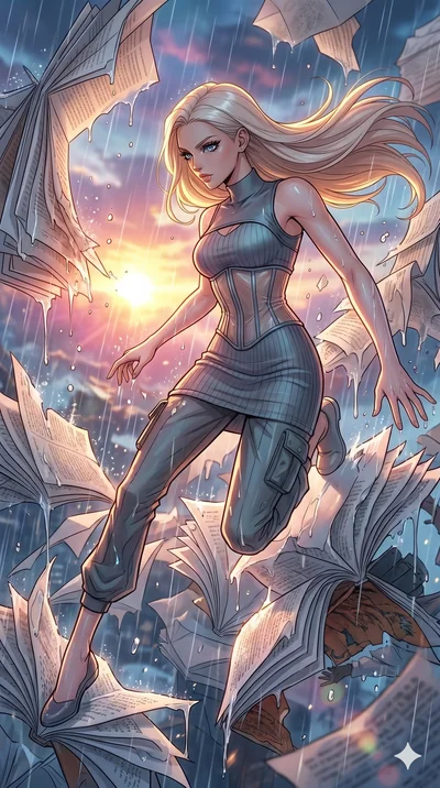 score_9, masterpiece, best quality, ultra-detailed, high-budget anime movie keyframe, cinematic anime lighting, intricate line art, Korean anime girl. Mid-air action shot capturing a graceful twist and vertical silhouette. collapsing in a world of fo