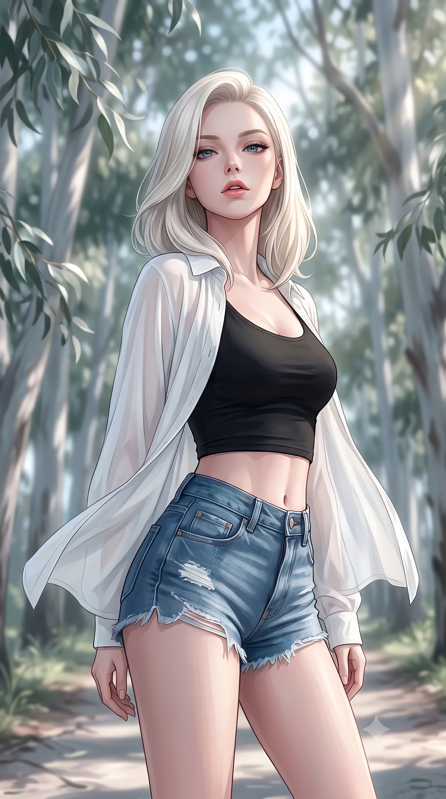 score_9, masterpiece, best quality, ultra-detailed, high-budget anime keyframe, editorial fashion photography, tasteful artistic composition, Caucasian woman woman. close-up cowboy shot from the waist and thighs up, the character dominates the composition, filling the frame with her large presence, background elements kept in soft focus. tilting her chin up slightly with lips parted in a composed, provocative expression the background shows a soft-focus a path lined with tall eucalyptus trees, their silver leaves rustling in the breeze. She has an exceptionally elegant, slender, and willowy female figure with an ultra-slim waist, a gracefully sculpted slender torso, and a refined silhouette. sharp v-shaped jawline, high-bridge nose, intricate jewel-like eyes with depth, thick eyelashes, glossy lips with a natural sheen. wearing a form-contouring lightweight chiffon cover-up shirt worn open over a crop top and high-cut shorts. soft afternoon sunbeams coloring the path in cool silver and green. 2k, ultra detail, master piece, 9:16 ratio