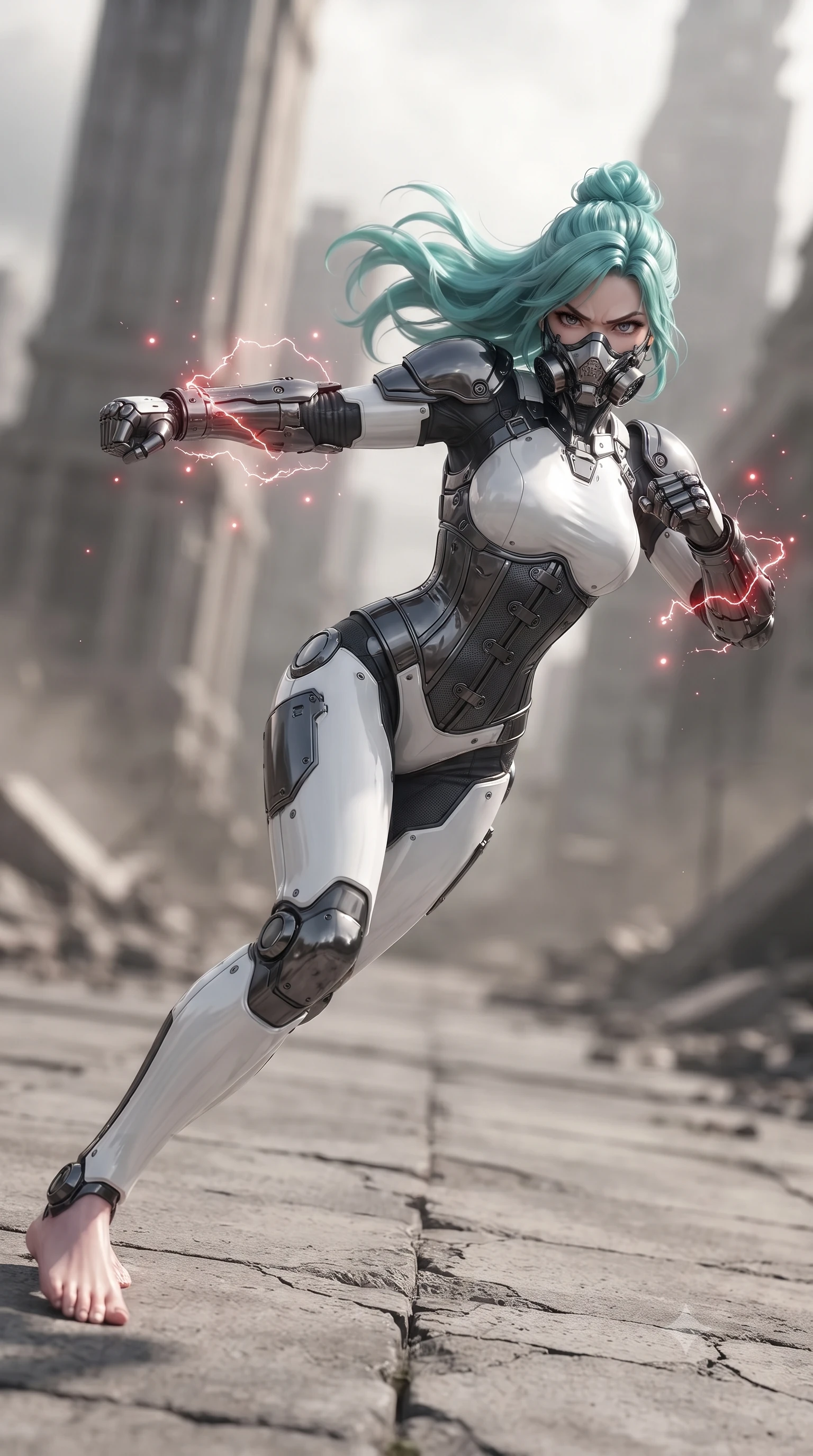 score_9, masterpiece, best quality, ultra-detailed, high-budget anime keyframe, editorial fashion photography, tasteful artistic composition, Japanese woman. low angle full-body shot from head to toe showing her feet, filling the entire 9:16 vertical frame with her statuesque presence, stretching her vertical silhouette. pivoting dynamically in a high-speed low sweep kick along the cracked concrete, her athletic torso and ultra-slim waist twisting in a fluid arc of power while arching her spine in a fluid motion as she parries an unseen shockwave with her reinforced kinetic forearm bracers. The composition keeps background elements in soft focus with creamy bokeh. sparkling static electricity arcs scattering glowing red light motes across a desolated wasteland backdrop. She has an absolutely perfect, statuesque 8.5-heads proportion, an exceptionally tall and slender model-like female figure with impossibly long slender legs, a toned flat midriff, and an ultra-slim waist. sharp v-shaped jawline, high-bridge nose, intricate jewel-like eyes with depth, thick eyelashes, glossy lips with a natural sheen, fierce and resolute heroine expression, flawlessly proportioned anatomical accuracy, strict slender model proportions, natural body alignment, perfectly sculpted long slender limbs, ultra-slim waistline, clean dynamic posture without body distortion. wearing a sleek titanium half-face combat rebreather guard protecting her lower jaw while leaving her expressive eyes and long hair flowing freely, paired with a statuesque high-fashion cyber-warrior armor suit with platinum bevels, heavy articulated shoulder guards, and an ultra-slim waist-cinching corset in monochrome white enamel carbon with high-contrast black tactical panels, made of liquid carbon-jersey fabric accentuating every curve of her tall, slender model proportions, detailed with kinetic shock-dampening knuckle guards and polished chrome connection joints, the sleek second-skin cut tightly hugging her graceful clavicle, narrow waist, and feminine curves with athletic precision. surrounded by a solitary, monumental, and sacredly resilient post-apocalyptic guardian aura. ultra-reflective glossy finish, specular highlights, dark metallic sheen, high-contrast stereoscopic depth, volumetric dynamic lighting, 2k, ultra detail, master piece, 9:16 ratio
