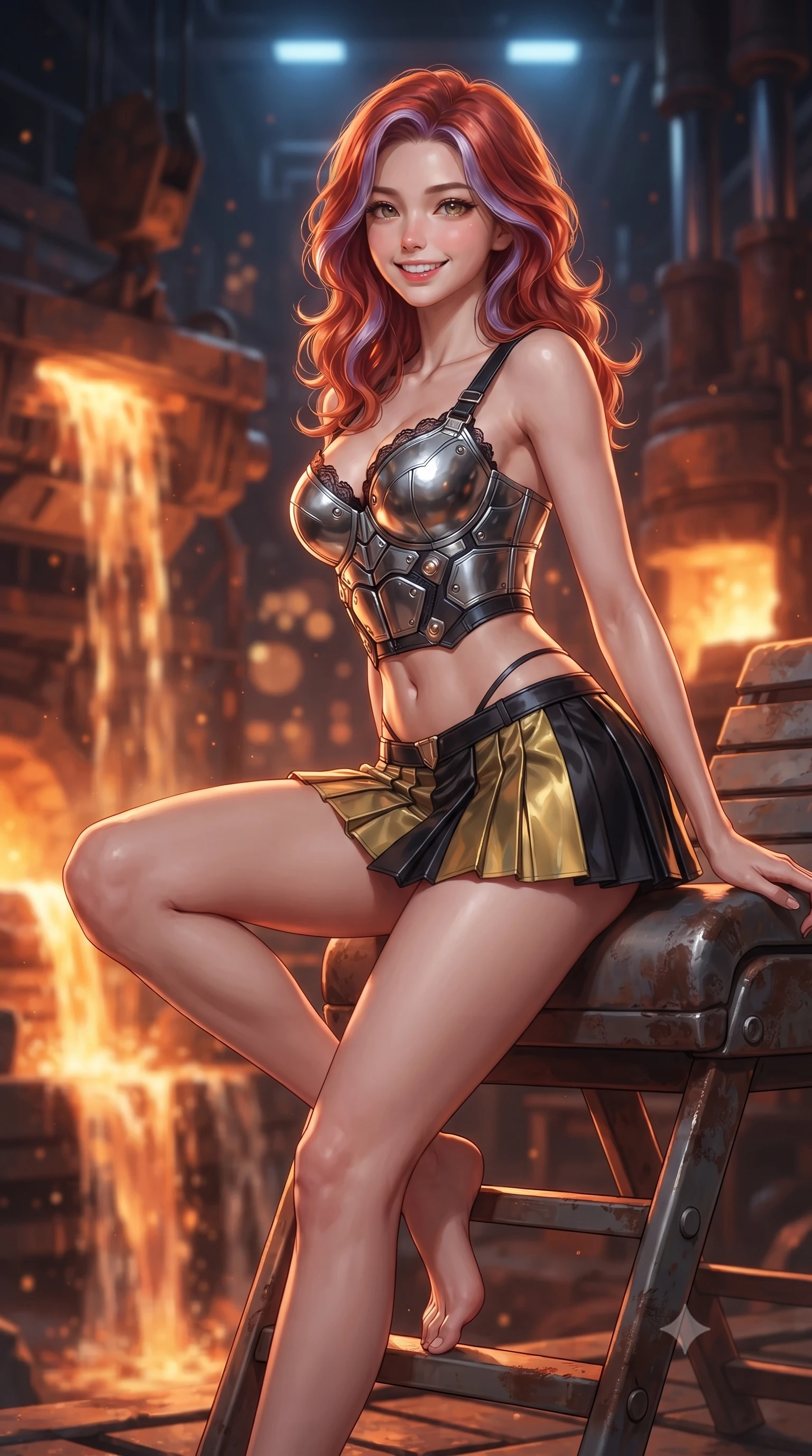 score_9, masterpiece, best quality, ultra-detailed, high-budget anime keyframe, editorial fashion photography, tasteful artistic composition, Caucasian woman. close-up cowboy shot from the waist and thighs up, the character dominates the composition, filling the frame with her large presence. perched sideways on the lounge seat, one knee drawn up to showcase her slender leg line while her arched back accentuates her feminine hip curve while twisting her slender torso in an alluring contrapposto stance beside the slag skimming crane, incandescent crimson magma light caressing her narrow waist and curvy hips. The background shows a soft-focus cascading waterfalls of molten liquid slag, glowing orange forge furnaces, and massive hydraulic piston exhausts blurred into amber, copper, and ruby bokeh. She has an exceptionally elegant, slender, and willowy female figure with an ultra-slim waist, flat toned midriff, narrow ribcage, and sculpted feminine hips creating an alluring, slim hourglass silhouette without bulk. sharp v-shaped jawline, high-bridge nose, intricate jewel-like sparkling eyes with depth, thick eyelashes, glossy parted lips with a natural peach sheen, bright cheerful beaming smile with an enchanting and coquettish sensual glint, exuding both youthful cute charm and seductive allure, flawlessly proportioned anatomical accuracy, strict slender model proportions, natural body alignment, perfectly sculpted long slender limbs, ultra-slim waistline, clean dynamic posture without body distortion. wearing a chrome-plated tactical combat bustier top with reinforced underwire paired with a low-rise pleated micro combat skirt in solar-wind gold and deep space void black, made of fluid liquid jersey with seamless sculpting hold and smooth contours, finished with scalloped eyelash lace trim framing her sweetheart neckline with intimate elegance, the form-contouring silhouette accentuating her sculpted flat midriff, narrow delicate ribcage, and gracefully curvy hips with intoxicating allure. bathed in the intense warm 2000K radiant glow of molten titanium rivers contrasted with cool overhead blue safety strobes. ultra-reflective glossy finish, specular highlights, rich textural contrasts, high-contrast stereoscopic depth, volumetric dynamic lighting, 2k, ultra detail, master piece, 9:16 ratio
