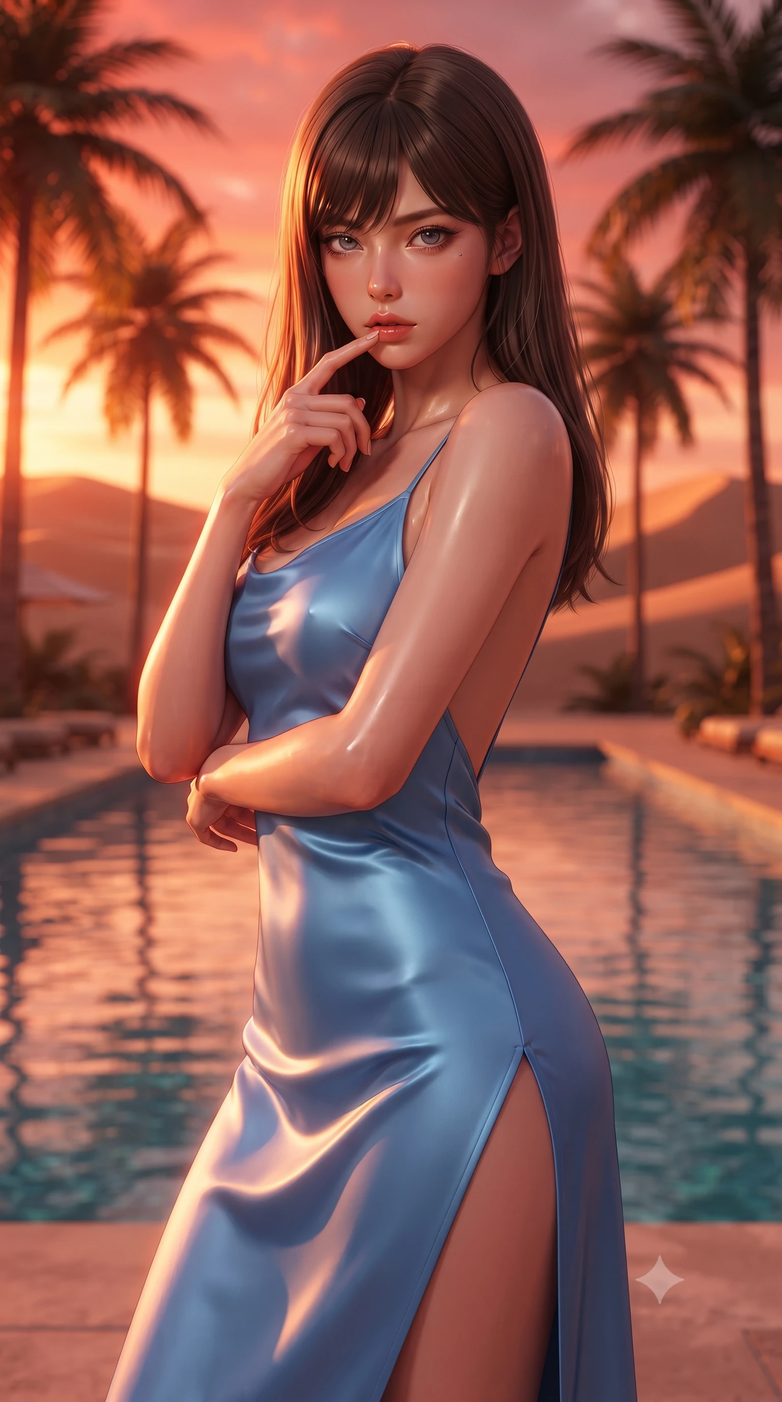 score_9, masterpiece, best quality, ultra-detailed, high-budget anime keyframe, editorial fashion photography, tasteful artistic composition, Korean woman woman. close-up cowboy shot from the waist and thighs up, the character dominates the composition, filling the frame with her large presence, background elements kept in soft focus. pressing one finger to her bottom lip in a thoughtful, seductive gesture under the warm sun the background shows a soft-focus a resort pool surrounded by tall palms and sand dunes at sunset. She has an exceptionally elegant, slender, and willowy female figure with an ultra-slim waist, a gracefully sculpted slender torso, and a refined silhouette. sharp v-shaped jawline, high-bridge nose, intricate jewel-like eyes with depth, thick eyelashes, glossy lips with a natural sheen. wearing a tailored lightweight silk slip dress in baby blue with a high side slit and a low-cut back. the warm red and orange sunset sky casting a dramatic glow over the pool. ultra-reflective glossy finish, specular highlights, metallic sheen, high-contrast stereoscopic depth, volumetric dynamic lighting, 2k, ultra detail, master piece, 9:16 ratio