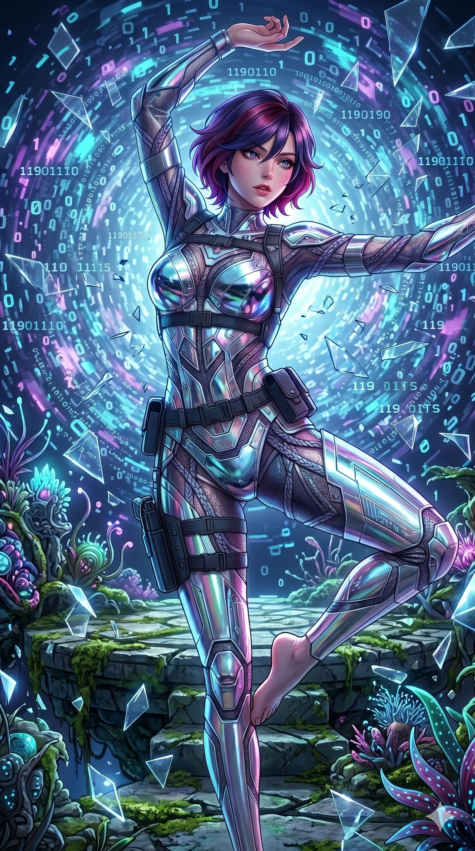 score_9, masterpiece, best quality, ultra-detailed, Set A: High-budget Anime Keyframe, Caucasian (strictly human ears) woman. Upper body close-up from the thighs up, character filling the screen for maximum presence. Dancing through a floating botanical garden, while a digital blizzard of 119 bits obscures the horizon and surrounded by shattered glass fragments. She has an absolutely perfect 8-heads proportion, an exceptionally tall and slender female figure with impossibly long slender legs and an ultra-slim waist. Sharp v-shaped jawline, high-bridge nose, intricate jewel-like eyes with depth, thick eyelashes, glossy lips with a natural sheen. Wearing Reflective chrome bikini under a translucent mesh cover-up with tactical holsters. Cinematic lighting, vibrant colors, dramatic shadows, 2k, ultra detail, master piece, 9:16 ratio