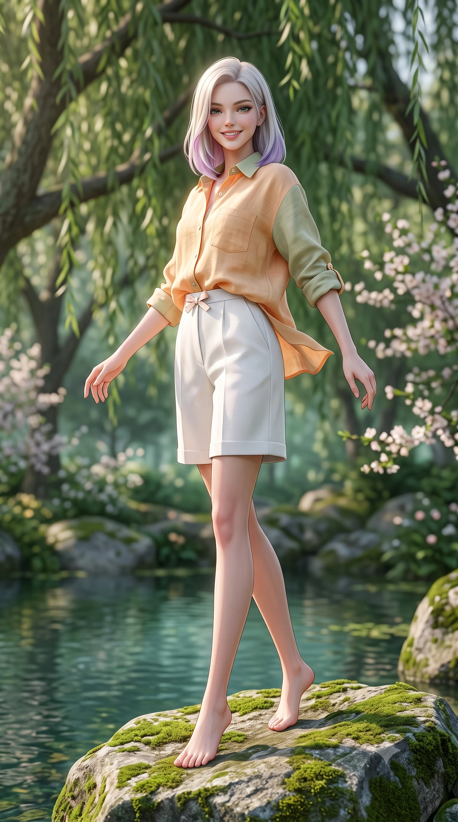 score_9, masterpiece, best quality, ultra-detailed, high-budget anime keyframe, semi-realistic 3D game render, editorial fashion photography, tasteful artistic composition, Caucasian woman. low angle full-body shot from head to toe showing her feet, filling the entire 9:16 vertical frame with her statuesque presence, stretching her vertical silhouette. pivoting dynamically with a fresh infectious smile, her ultra-slim waist and long slender legs creating a fluid graceful line while resting gracefully on an emerald moss-covered boulder by a tranquil natural pool, smiling warmly at the viewer. The composition keeps background elements in soft focus with creamy bokeh. ancient weeping willow branches and blooming woodland blossoms softened in dreamy shallow focus. She has an absolutely perfect, statuesque 8.5-heads proportion, an exceptionally tall and slender model-like female figure with impossibly long slender legs, a toned flat midriff, and an ultra-slim waist. sharp v-shaped jawline, high-bridge nose, intricate jewel-like eyes with depth, thick eyelashes, glossy lips with a natural sheen, pure and lovely fresh girlhood expression, flawlessly proportioned anatomical accuracy, strict slender model proportions, natural body alignment, perfectly sculpted long slender limbs, ultra-slim waistline, clean dynamic posture without body distortion. wearing a lightweight pastel linen button-down shirt paired with tailored high-rise white Bermuda shorts in warm apricot and sage green, tailored from soft pastel lightweight wool blend with subtle texture, accented with a dainty ribbon bow at the waistline, the breezy lightweight fabric fluttering softly against her delicate collarbones, narrow waist, and feminine curves. illuminated by soft emerald forest bounce light accentuating her natural beauty and lovely outfit. highly saturated vibrant anime colors, detailed shading with soft gradients, rich glossy textures, high-contrast stereoscopic depth, volumetric dynamic lighting, master piece, 9:16 ratio