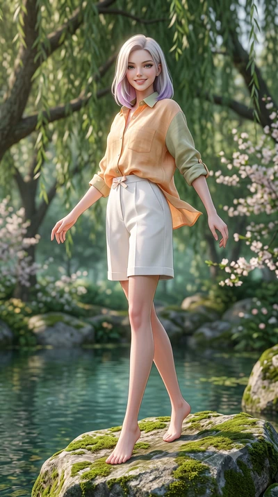 score_9, masterpiece, best quality, ultra-detailed, high-budget anime keyframe, semi-realistic 3D game render, editorial fashion photography, tasteful artistic composition, Caucasian woman. low angle full-body shot from head to toe showing her feet, 