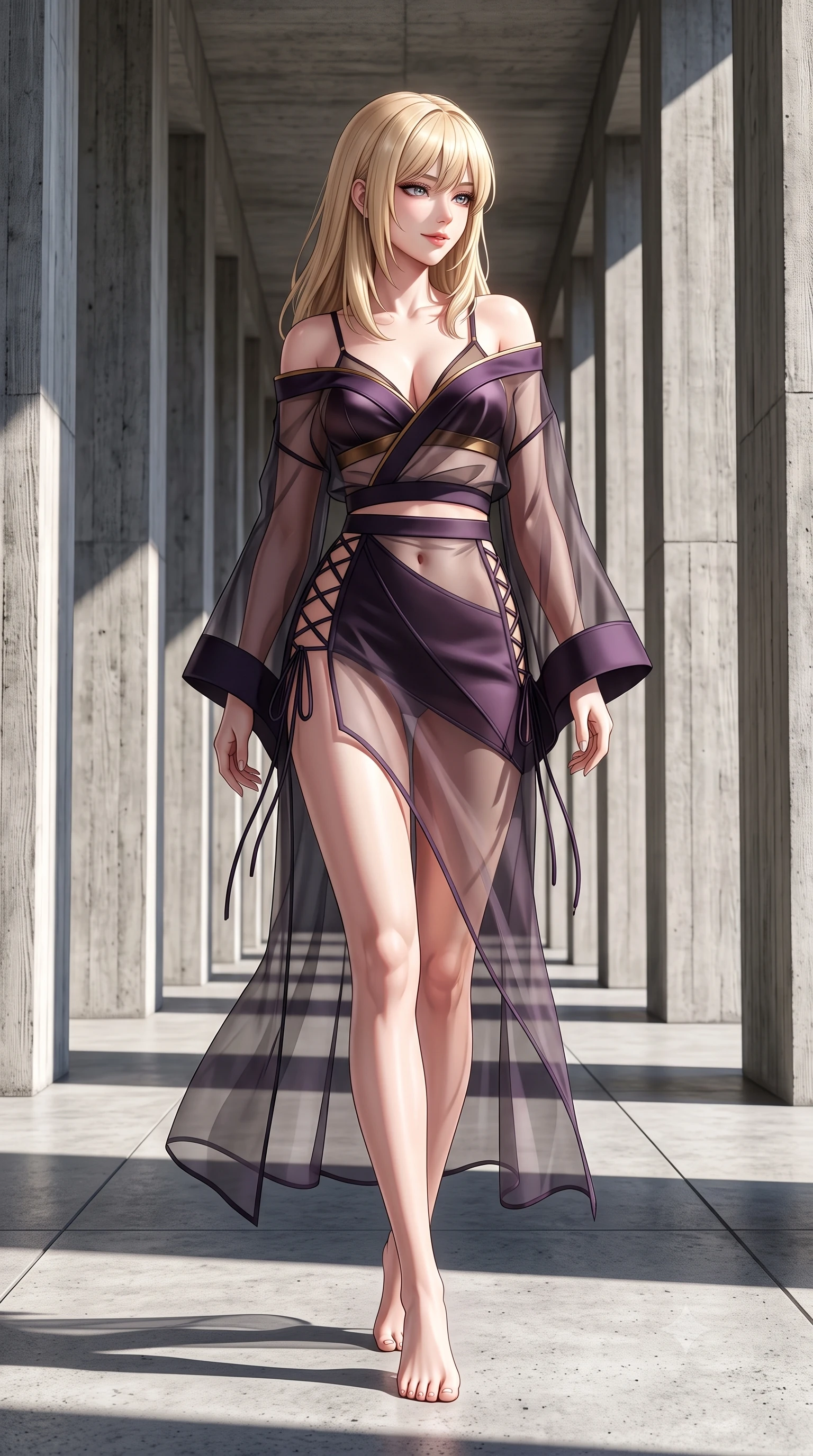 score_9, masterpiece, best quality, ultra-detailed, high-budget anime keyframe, semi-realistic 3D game render, editorial fashion photography, tasteful artistic composition, Japanese woman. low angle full-body shot from head to toe showing her feet, filling the entire 9:16 vertical frame with her statuesque presence, stretching her vertical silhouette. executing a slow, graceful pivot turn as her skirt sways around her slender legs, glancing back with an enchanting, teasing sensual expression while walking slowly down the grand concrete colonnade, hips swaying in an alluring kinetic rhythm that commands the sculptural perspective. The surrounding environment is rendered in vivid detail and crisp panoramic clarity: sharp raw wood-grain concrete texture, crisp diagonal cast-shadow edges, and granite floor paver joints in deep focus. She has an absolutely perfect, statuesque 8.5-heads proportion, an exceptionally tall and slender model-like female figure with impossibly long slender legs, an ultra-slim waist, a flat toned midriff, narrow delicate ribcage, and beautifully sculpted feminine hips creating a graceful, slim hourglass silhouette without any bulky heaviness. sharp v-shaped jawline, high-bridge nose, sparkling eyes with hypnotic seductive depth, thick curled eyelashes, glossy parted lips with a natural dewy peach sheen, alluring bedroom-eyes with an enchanting coquettish smile, exuding magnetic siren charisma and sophisticated glamour, flawlessly proportioned anatomical accuracy, strict slender model proportions, natural body alignment, perfectly sculpted long slender limbs, ultra-slim waistline, clean dynamic posture without body distortion. wearing a delicate sheer organza kimono-style architectural wrap slipping off bare shoulders over a matching satin bralette in dark plum violet and gilded bronze with sheer obsidian overlays, tailored from fine structural neoprene with crisp architectural edges and smooth contouring, finished with fine criss-cross lace-up side ties revealing tantalizing glimpses of her hip curve, the form-contouring silhouette accentuating her sculpted flat midriff, narrow delicate ribcage, and gracefully curvy hips with intoxicating allure. bathed in intense high-noon sun creating stark, high-contrast black-and-white architectural chiaroscuro. highly saturated vibrant anime colors, detailed shading with soft gradients, rich glossy textures, high-contrast stereoscopic depth, volumetric dynamic lighting, master piece, 9:16 ratio