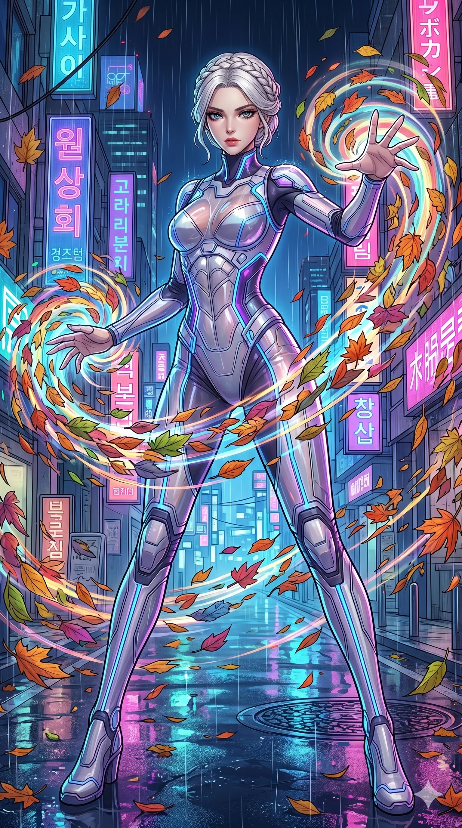 score_9, masterpiece, best quality, ultra-detailed, Set C: High-budget Anime Keyframe, Korean woman. Low angle cowboy shot filling the entire 9:16 frame with her statuesque presence. Summoning a vortex of colorful leaves in a futuristic Tokyo street. She has an absolutely perfect 8-heads proportion, an exceptionally tall and slender female figure with impossibly long slender legs and an ultra-slim waist. Sharp v-shaped jawline, high-bridge nose, intricate jewel-like eyes with depth, thick eyelashes, glossy lips. Wearing a Tech-Fantasy outfit: cybernetic tech-suit with glowing seams and translucent PVC. Background is a bright and colorful city street with vibrant neon, rain reflections, and swirling fall foliage. 2k, ultra detail, master piece, 9:16 ratio