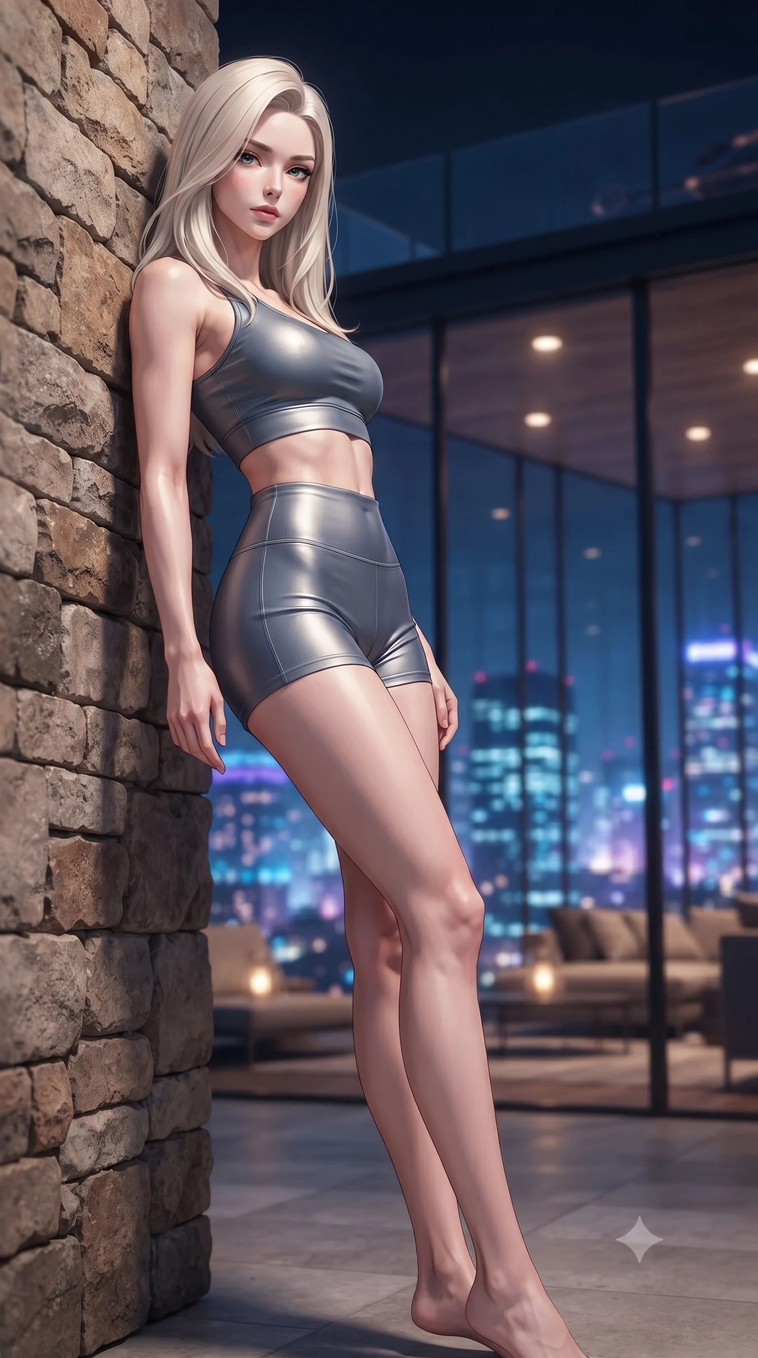 score_9, masterpiece, best quality, ultra-detailed, high-budget anime keyframe, editorial fashion photography, tasteful artistic composition, Caucasian woman. low angle full-body shot from head to toe showing her feet, filling the entire 9:16 vertical frame with her statuesque presence, stretching her vertical silhouette. leaning back against a rustic stone wall, casting a slow, alluring gaze at the camera the background shows a soft-focus a modern rooftop helicopter lounge with glass walls overlooking skyscrapers. She has an absolutely perfect, statuesque 8.5-heads proportion, an exceptionally tall and slender model-like female figure with impossibly long slender legs and an ultra-slim waist. sharp v-shaped jawline, high-bridge nose, intricate jewel-like eyes with depth, thick eyelashes, glossy lips with a natural sheen. wearing a tailored body-hugging athletic crop top and high-waisted shorts set in slate grey. glittering blue and violet city skyline lights contrasting with warm room lights. ultra-reflective glossy finish, specular highlights, metallic sheen, high-contrast stereoscopic depth, volumetric dynamic lighting, 2k, ultra detail, master piece, 9:16 ratio