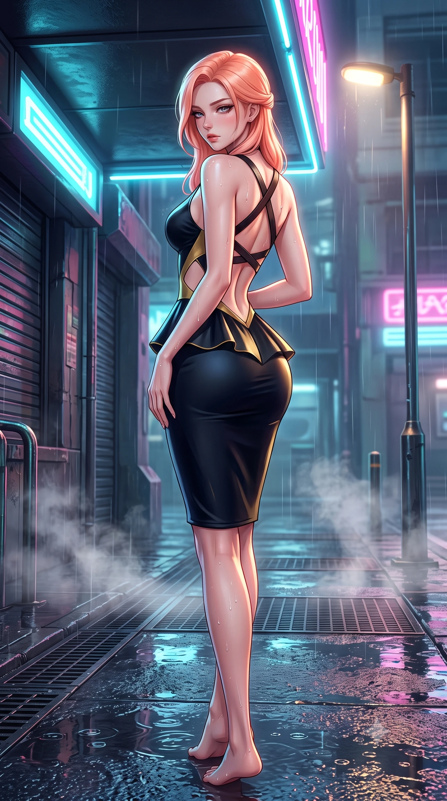 score_9, masterpiece, best quality, ultra-detailed, high-budget anime keyframe, semi-realistic 3D game render, editorial fashion photography, tasteful artistic composition, Japanese woman. low angle full-body shot from head to toe showing her feet, filling the entire 9:16 vertical frame with her statuesque presence, stretching her vertical silhouette. posing with back turned slightly to the lens, glancing back with smoldering allure as she arches her lower back to emphasize her sculpted feminine hips and slender waist while standing poised under a glowing neon overhang, twisting her upper body in an alluring S-curve as steam escapes from iron street grates into the rain. The surrounding environment is rendered in vivid detail and crisp panoramic clarity. detailed wet-look garment sheen, water droplet beads on skin, and cybernetic street texture in high clarity. She has an exceptionally tall and slender model-like 8.5-heads proportion, an ultra-slim waist, a flat toned midriff, narrow delicate ribcage, and beautifully sculpted feminine hips creating a graceful, slim hourglass silhouette without any bulky heaviness, with impossibly long slender legs. sharp v-shaped jawline, high-bridge nose, intricate jewel-like eyes with depth, thick eyelashes, glossy parted lips with a natural sheen, intensely captivating and seductive bedroom-eyes expression, flawlessly proportioned anatomical accuracy, strict slender model proportions, natural body alignment, perfectly sculpted long slender limbs, ultra-slim waistline, clean dynamic posture without body distortion. wearing a modern peplum corset dress with side-waist diamond cutouts and an ultra-tight silhouette in midnight obsidian black and liquid gold, tailored from liquid silk jersey adhering flawlessly to her slender build, featuring an open-back criss-cross harness strap in dark leather, the precision-cut side openings and low-back scoop framing her graceful spine and the sensual sweep of her slim, toned hips. illuminated by shimmering wet ground specular reflections accentuating her sculpted midriff, narrow waist, and curvy hips. highly saturated vibrant anime colors, detailed shading with soft gradients, rich glossy textures, high-contrast stereoscopic depth, volumetric dynamic lighting, master piece, 9:16 ratio