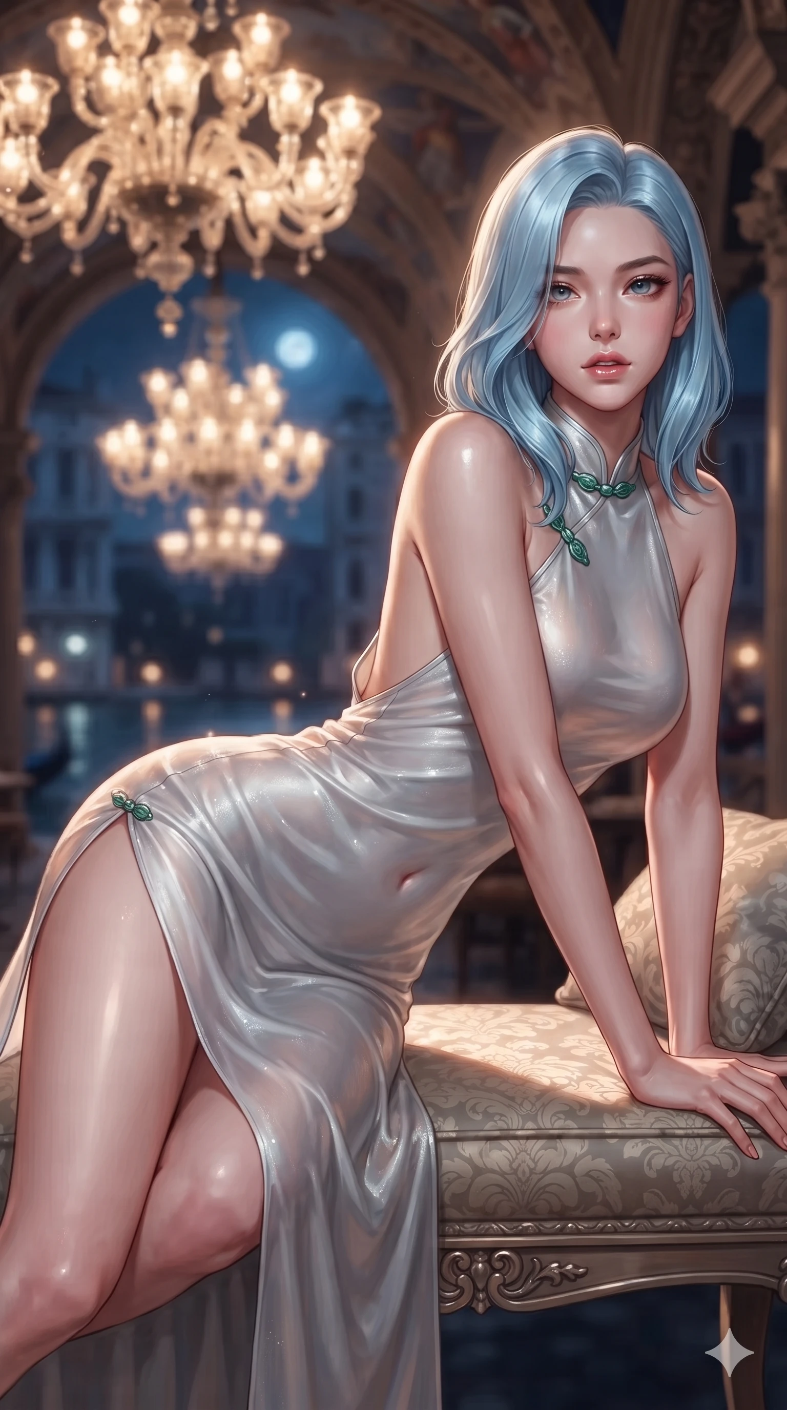 score_9, masterpiece, best quality, ultra-detailed, high-budget anime keyframe, editorial fashion photography, tasteful artistic composition, Korean woman. close-up cowboy shot from the waist and thighs up, the character dominates the composition, filling the frame with her large presence. leaning forward while arching her lower back to accentuate her curvy hips, looking into the camera with an intoxicating smoldering gaze and bedroom-eyes while reclining gracefully across the damask-cushioned loggia bench propped on one elbow with legs extended, displaying her statuesque silhouette against the grand Venetian night. The background shows a soft-focus massive multi-tiered hand-blown Murano glass chandeliers, frescoed vaulted ceilings, and midnight canal waters blurred into ruby, amber, and deep sapphire bokeh. She has an exceptionally elegant, slender, and willowy female figure with an ultra-slim waist, flat toned midriff, narrow ribcage, and sculpted feminine hips creating an alluring, slim hourglass silhouette without bulk. sharp v-shaped jawline, high-bridge nose, intricate jewel-like sparkling eyes with depth, thick eyelashes, glossy parted lips with a natural sheen, intensely captivating and seductive bedroom-eyes expression, exuding both youthful cute charm and sovereign luxury allure, flawlessly proportioned anatomical accuracy, strict slender model proportions, natural body alignment, perfectly sculpted long slender limbs, ultra-slim waistline, clean dynamic posture without body distortion. wearing a form-contouring gossamer silk chiffon slip dress with a hip-high slit and open cowl back clinging with dewy moisture in shimmering silver mercury and pearl white, made of sheer gossamer chiffon that drapes softly against skin with airy translucence, finished with sleek jade frog closures glinting along her high collar, the liquid-tight tailored fabric clinging flawlessly to her narrow waist and rounded feminine hips, emphasizing every millimeter of her sculpted slim hourglass curves without any bulky heaviness. bathed in the warm, sparkling amber-crystal brilliance of interior Murano chandeliers contrasting with cool midnight blue moonlight outside. ultra-reflective glossy finish, specular highlights, rich textural contrasts, high-contrast stereoscopic depth, volumetric dynamic lighting, 2k, ultra detail, master piece, 9:16 ratio