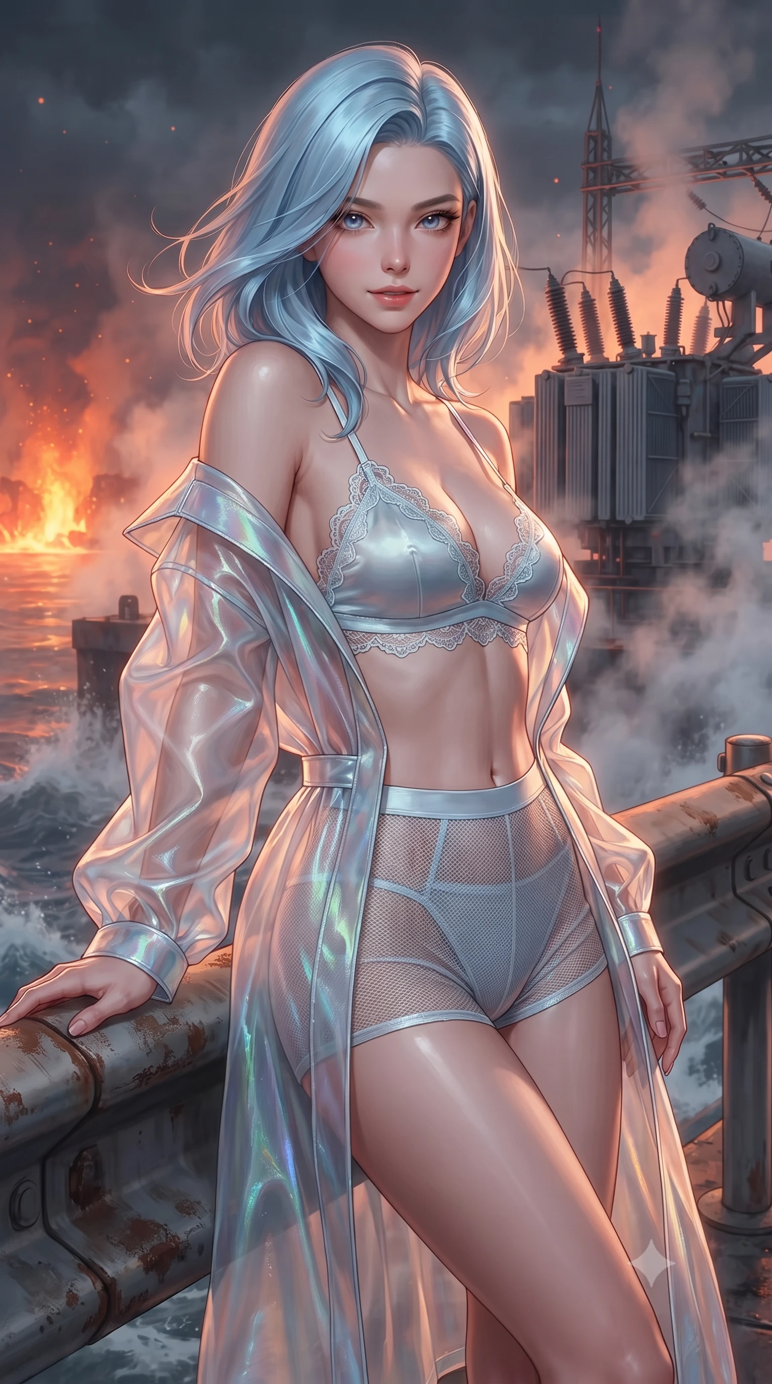 score_9, masterpiece, best quality, ultra-detailed, high-budget anime keyframe, editorial fashion photography, tasteful artistic composition, Korean woman. close-up cowboy shot from the waist and thighs up, the character dominates the composition, filling the frame with her large presence. turning slowly with an enchanting smoldering smile, her glossy hair tossing in the breeze as her hips angle gracefully in a captivating contrapposto while leaning against the weathered industrial rail with hips cocked back, looking through rising volcanic steam at towering electrical transformers with heavy-lidded bedroom-eyes. The background shows a soft-focus sulfur-scented volcanic mist softened in offshore geothermal fortress shallow focus. She has an exceptionally elegant, slender, and willowy female figure with an ultra-slim waist, flat toned midriff, narrow ribcage, and sculpted feminine hips creating an alluring, slim hourglass silhouette without bulk. sharp v-shaped jawline, high-bridge nose, intricate jewel-like sparkling eyes with depth, thick eyelashes, glossy parted lips with a natural peach sheen, bright cheerful beaming smile with an enchanting and coquettish sensual glint, exuding both youthful cute charm and seductive allure, flawlessly proportioned anatomical accuracy, strict slender model proportions, natural body alignment, perfectly sculpted long slender limbs, ultra-slim waistline, clean dynamic posture without body distortion. wearing a translucent iridescent organza tactical robe slipping off bare shoulders over a matching satin micro-bralette and combat shorts in arctic cryo-glacier ice blue and platinum white, crafted from stretch micro-mesh with liquid foil coating that shimmers with every movement, finished with scalloped eyelash lace trim framing her sweetheart neckline with intimate elegance, the impeccably tailored cut draping gracefully along her slender figure with aristocratic poise. bathed in the intense warm 1800K radiant glow of incandescent magma contrasted with cold stormy sea spray. ultra-reflective glossy finish, specular highlights, rich textural contrasts, high-contrast stereoscopic depth, volumetric dynamic lighting, 2k, ultra detail, master piece, 9:16 ratio