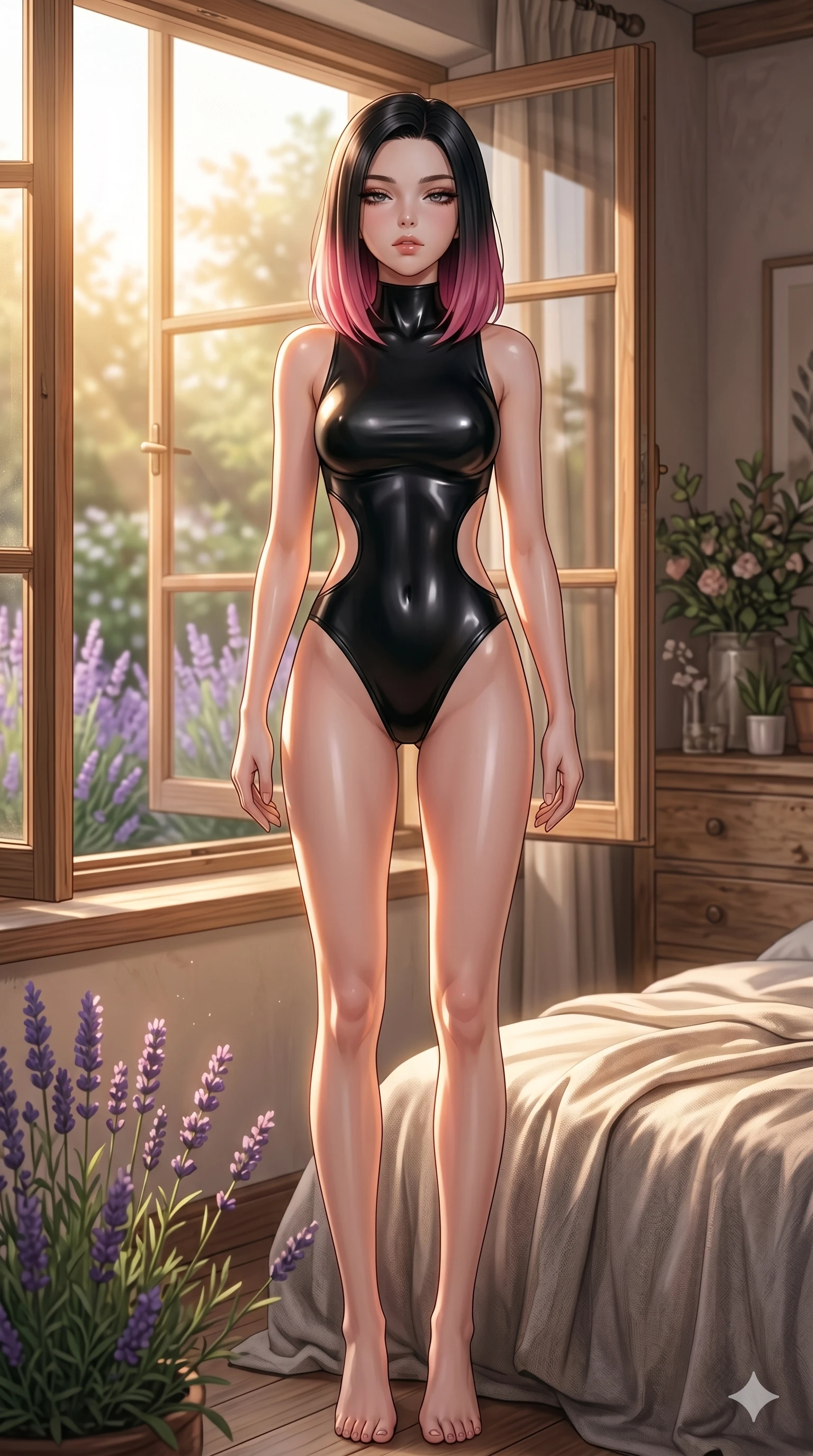 score_9, masterpiece, best quality, ultra-detailed, high-budget anime keyframe, editorial fashion photography, tasteful artistic composition, Korean woman. cowboy shot from the thighs up, character and outfit filling the frame for maximum editorial presence. casting a heavy-lidded, sultry gaze beneath thick lashes with quiet intensity, her chin tilted up inside a sun-washed private bedroom by a large open window overlooking a quiet lavender garden (Code-P121). She has an absolutely perfect 8-heads proportion, an exceptionally tall and slender female figure with impossibly long slender legs and an ultra-slim waist. V-shaped jawline, high-bridge nose, intricate jewel-like eyes with depth, thick eyelashes, glossy lips with a natural sheen. wearing a skin-tight glove-like black latex bodysuit with dramatic curved cutouts that trace her hip and waist lines. bathed in warm, golden afternoon sunbeams creating soft specular highlights on her smooth skin. 2k, ultra detail, master piece, 9:16 ratio
