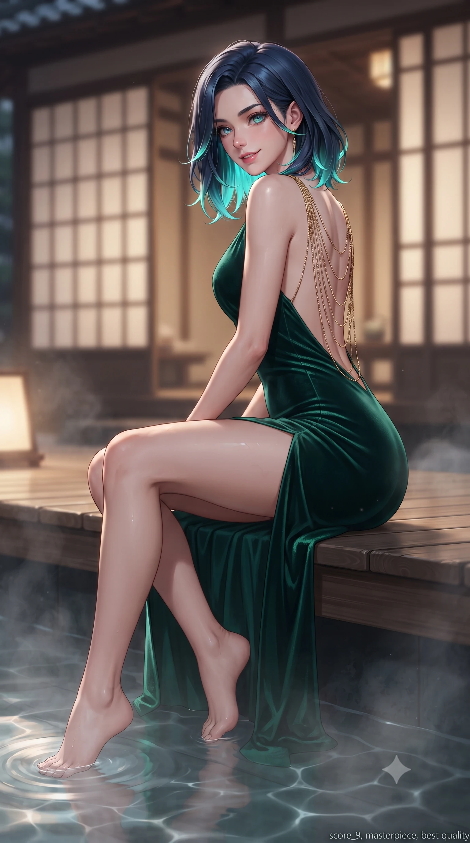 score_9, masterpiece, best quality, ultra-detailed, high-budget anime keyframe, editorial fashion photography, tasteful artistic composition, Caucasian woman. low angle full-body shot from head to toe showing her feet, filling the entire 9:16 vertical frame with her statuesque presence, stretching her vertical silhouette. executing a slow, graceful pivot turn as her skirt sways around her slender legs, glancing back with an enchanting, teasing sensual expression while sitting perched on the wooden onsen deck with legs dipped in steaming thermal water, flashing an enchanting, flirtatious smile. The background shows a soft-focus traditional shoji pavilion softened in intimate Japanese hot spring sanctuary shallow focus. She has an exceptionally tall and slender model-like 8.5-heads proportion, an ultra-slim waist, a flat toned midriff, narrow delicate ribcage, and beautifully sculpted feminine hips creating a graceful, slim hourglass silhouette without any bulky heaviness, with impossibly long slender legs. sharp v-shaped jawline, high-bridge nose, intricate jewel-like sparkling eyes with depth, thick eyelashes, glossy parted lips with a natural peach sheen, bright cheerful beaming smile with an enchanting and coquettish sensual glint, exuding both youthful cute charm and seductive allure, flawlessly proportioned anatomical accuracy, strict slender model proportions, natural body alignment, perfectly sculpted long slender limbs, ultra-slim waistline, clean dynamic posture without body distortion. wearing a deep plunge-neck stretch velvet gown with a daring thigh-high side slit and open cowl back in Monte Carlo casino emerald green and polished brass, woven from buttery-soft stretch lambskin leather adhering to her body like a second skin, accented with an open-back drape framed by falling strands of delicate gold chains, the high-slit wrap tailoring accentuating her ultra-slim waistline and the enchanting curve of her feminine hips with alluring seductive charm. illuminated by thermal pool surface caustics and sharp pearlescent rim lights sculpting her razor-sharp jawline, narrow waist, and curvy hips. ultra-reflective glossy finish, specular highlights, rich textural contrasts, high-contrast stereoscopic depth, volumetric dynamic lighting, 2k, ultra detail, master piece, 9:16 ratio