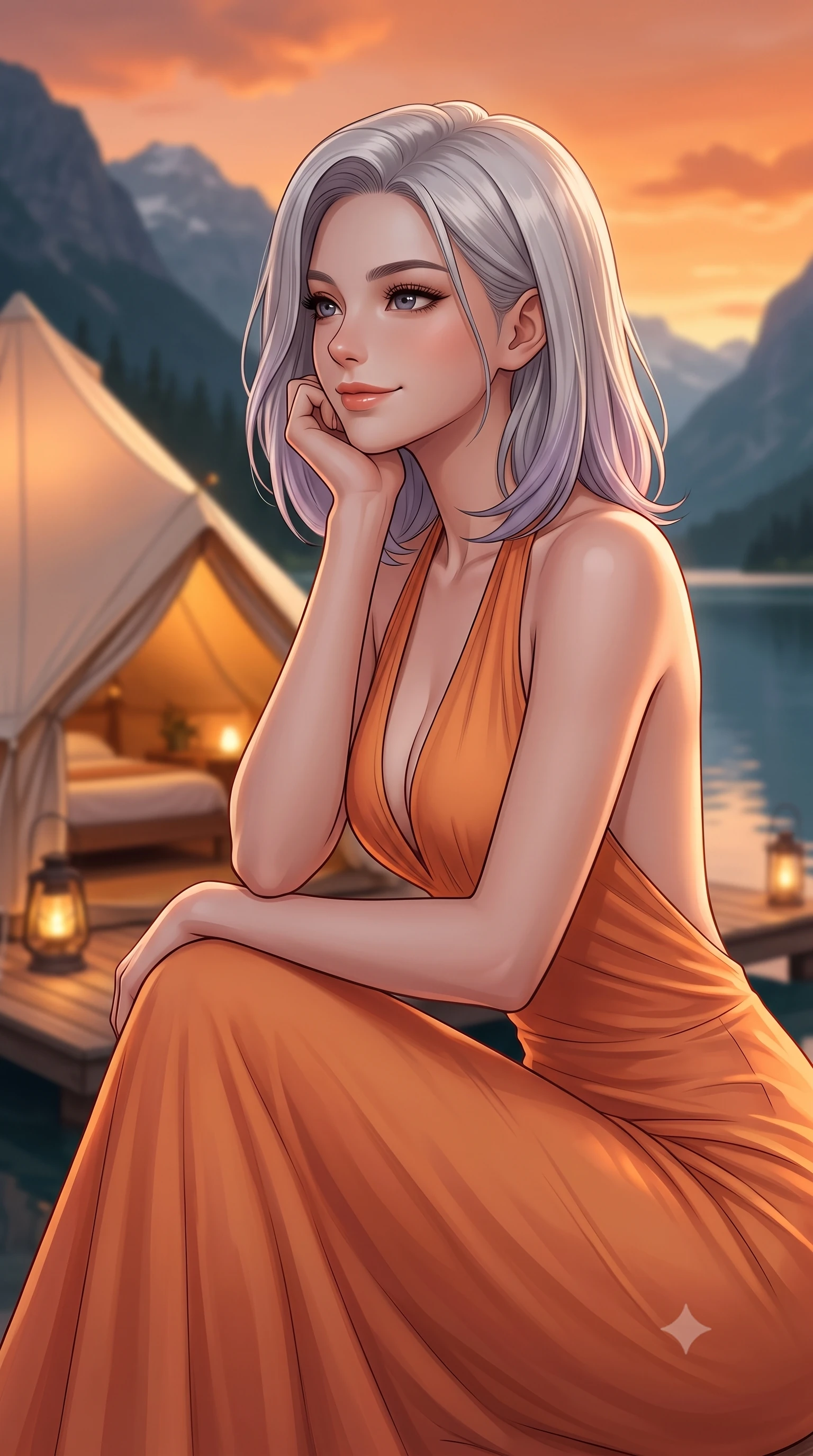 score_9, masterpiece, best quality, ultra-detailed, high-budget anime keyframe, editorial fashion photography, tasteful artistic composition, Caucasian woman woman. close-up cowboy shot from the waist and thighs up, the character dominates the composition, filling the frame with her large presence, background elements kept in soft focus. resting her chin on her hand, looking out at the beautiful scenery with a soft smile the background shows a soft-focus a luxury glamping tent on a wooden deck by a calm lake surrounded by mountains. She has an exceptionally elegant, slender, and willowy female figure with an ultra-slim waist, a gracefully sculpted slender torso, and a refined silhouette. sharp v-shaped jawline, high-bridge nose, intricate jewel-like eyes with depth, thick eyelashes, glossy lips with a natural sheen. wearing a form-contouring lightweight resort maxi dress in sunset orange with a plunging halter neck and low-cut open back. warm lantern light mixing with the orange sunset glow of the sky. 2k, ultra detail, master piece, 9:16 ratio
