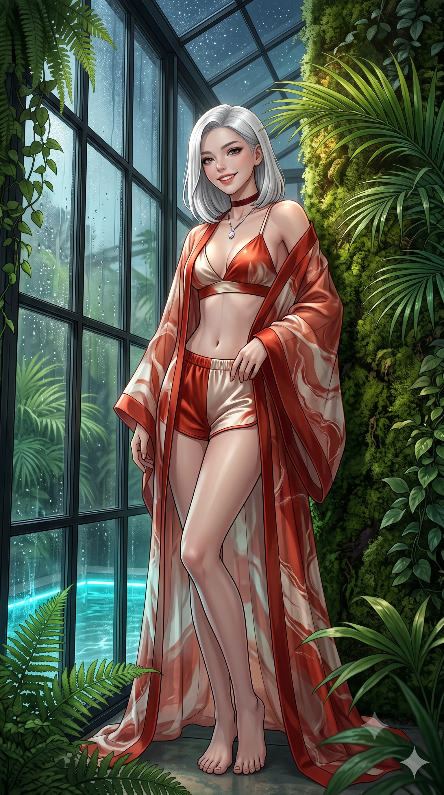 score_9, masterpiece, best quality, ultra-detailed, high-budget anime keyframe, editorial fashion photography, tasteful artistic composition, Korean woman. low angle full-body shot from head to toe showing her feet, filling the entire 9:16 vertical frame with her statuesque presence, stretching her vertical silhouette. posing in a classic haute-couture S-curve stance beside the floor-to-ceiling window, looking over a bare shoulder with magnetic presence while leaning against the lush vertical moss wall with hips cocked back, looking through dewy tropical palms with heavy-lidded bedroom-eyes. The surrounding environment is rendered in vivid detail and crisp panoramic clarity: sharp black iron greenhouse frame mullions, exotic fern frond veins, and water droplet condensation beads on glass in deep focus. She has an exceptionally tall and slender model-like 8.5-heads proportion, an ultra-slim waist, a flat toned midriff, narrow delicate ribcage, and beautifully sculpted feminine hips creating a graceful, slim hourglass silhouette without any bulky heaviness, with impossibly long slender legs. sharp v-shaped jawline, high-bridge nose, intricate jewel-like sparkling eyes with depth, thick eyelashes, glossy parted lips with a natural peach sheen, bright cheerful beaming smile with an enchanting and coquettish sensual glint, exuding both youthful cute charm and seductive allure, flawlessly proportioned anatomical accuracy, strict slender model proportions, natural body alignment, perfectly sculpted long slender limbs, ultra-slim waistline, clean dynamic posture without body distortion. wearing a sheer silk organza modern kimono robe worn loose and slipping off bare shoulders over a matching satin bralette and micro-shorts in Cordoba vermilion red and ivory alabaster marble, crafted from fluid liquid silk satin that clings smoothly to her narrow waist and rounded hips with a dewy sheen, finished with a thin velvet ribbon choker and a single teardrop diamond pendant, the second-skin tailored fabric adhering flawlessly to her sculpted flat midriff and slender torso, emphasizing her long leg lines and perfectly proportioned willowy build. bathed in warm 2600K botanical grow lamps combined with turquoise underwater pool LEDs and clear Arctic starlight through glass. ultra-reflective glossy finish, specular highlights, rich textural contrasts, high-contrast stereoscopic depth, volumetric dynamic lighting, 2k, ultra detail, master piece, 9:16 ratio