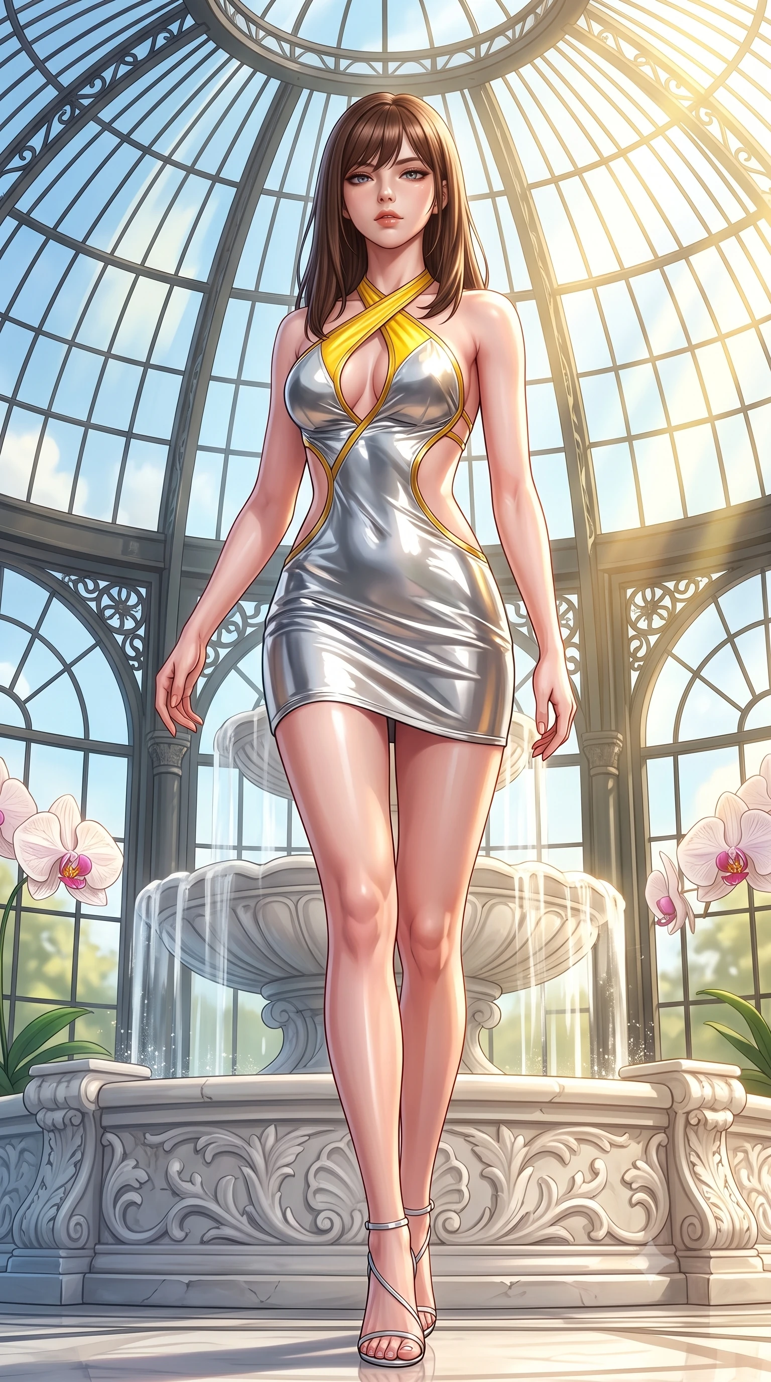 score_9, masterpiece, best quality, ultra-detailed, high-budget anime keyframe, semi-realistic 3D game render, editorial fashion photography, tasteful artistic composition, Korean woman. low angle full-body shot from head to toe showing her feet, filling the entire 9:16 vertical frame with her statuesque presence, stretching her vertical silhouette. striding forward in a proud, statuesque motion with a dangerous smolder, her vertical silhouette dominating the frame from head to toe while arching her spine in a fluid stretch beneath a colossal wrought-iron glass dome catching brilliant midday light. The surrounding environment is rendered in vivid detail and crisp panoramic clarity. intricate white alabaster fountain carvings, delicate orchid petal veins, and glass dome lattices in deep focus. She has an absolutely perfect, statuesque 8.5-heads proportion, an exceptionally tall and slender model-like female figure with impossibly long slender legs, a toned flat midriff, and an ultra-slim waist. sharp v-shaped jawline, high-bridge nose, intricate jewel-like eyes with depth, thick eyelashes, glossy lips with a natural sheen, flawlessly proportioned anatomical accuracy, strict slender model proportions, natural body alignment, perfectly sculpted long slender limbs, ultra-slim waistline, clean dynamic posture without body distortion. wearing a molten silver liquid-metal mini dress featuring deep side-waist cutouts and a daring crossover halter neckline in vibrant sunburst canary yellow and gold trim, formed from high-gloss patent material with specular light reflections, complemented by criss-cross back straps highlighting her completely bare spine, the precision-cut daring openings accentuating her delicate midriff, graceful bare collarbones, and ultra-slim feminine waistline. bathed in intense volumetric golden sunbeams streaming through grand glass dome panes. highly saturated vibrant anime colors, detailed shading with soft gradients, rich glossy textures, high-contrast stereoscopic depth, volumetric dynamic lighting, master piece, 9:16 ratio